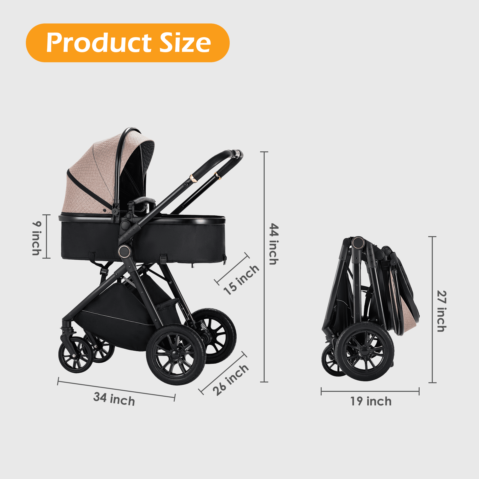 Kavellin Baby Stroller, High Landscape Infant Stroller&Reversible Seat, Foldable Pushchair with Adjustable Canopy, Cup Holder, Bug Shield, Rain Shield, Storage Bag-One Hand Fold (Black) - Image 3