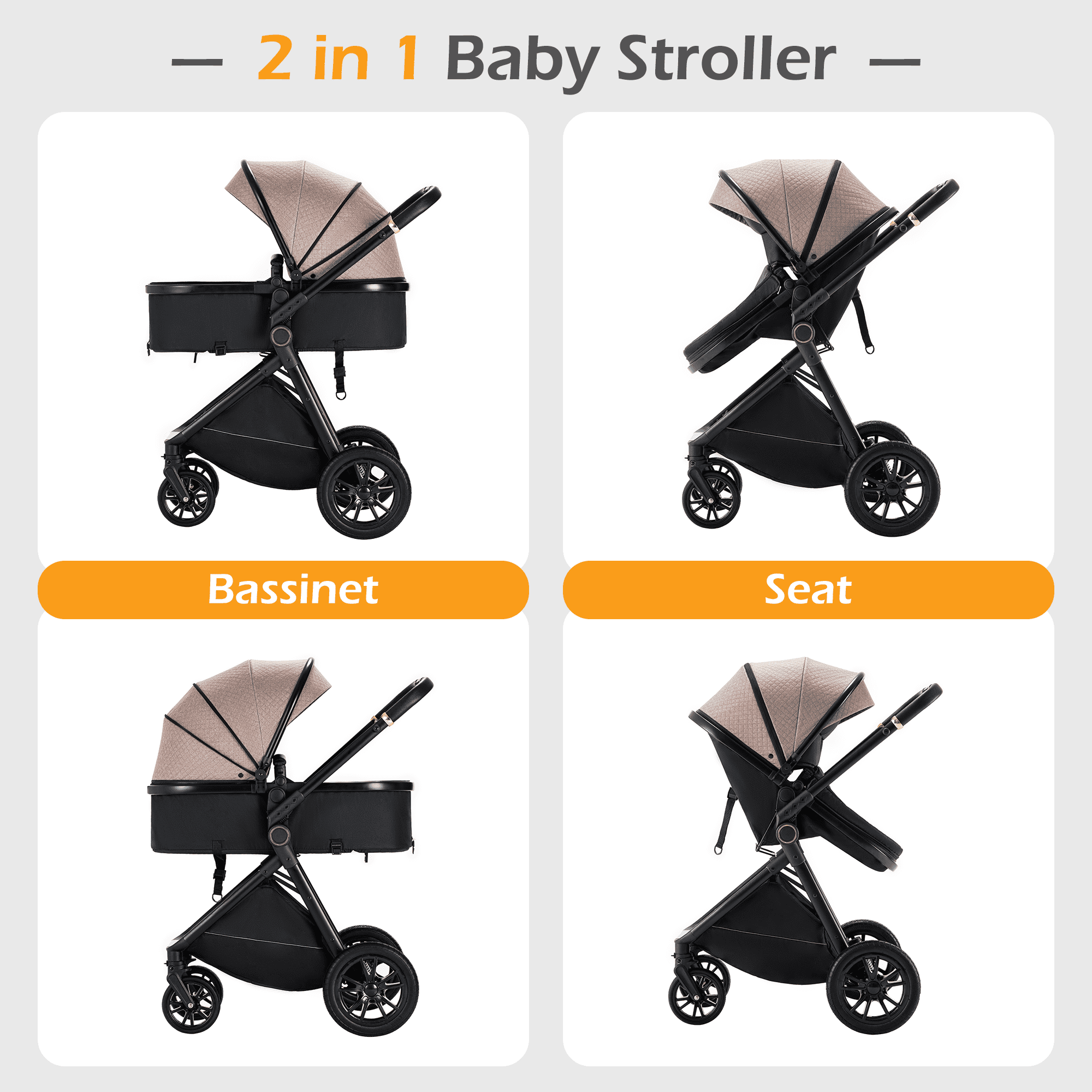 Kavellin Baby Stroller, High Landscape Infant Stroller&Reversible Seat, Foldable Pushchair with Adjustable Canopy, Cup Holder, Bug Shield, Rain Shield, Storage Bag-One Hand Fold (Black) - Image 2