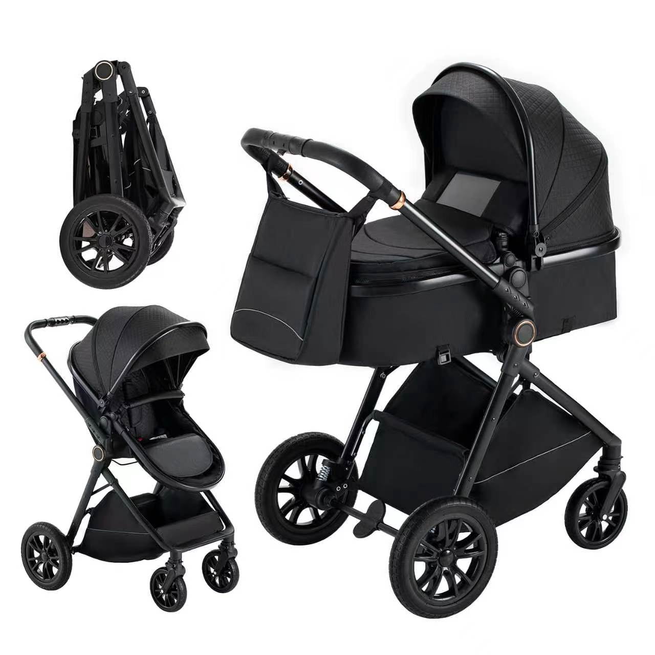 Kavellin Baby Stroller, High Landscape Infant Stroller&Reversible Seat, Foldable Pushchair with Adjustable Canopy, Cup Holder, Bug Shield, Rain Shield, Storage Bag-One Hand Fold (Black)