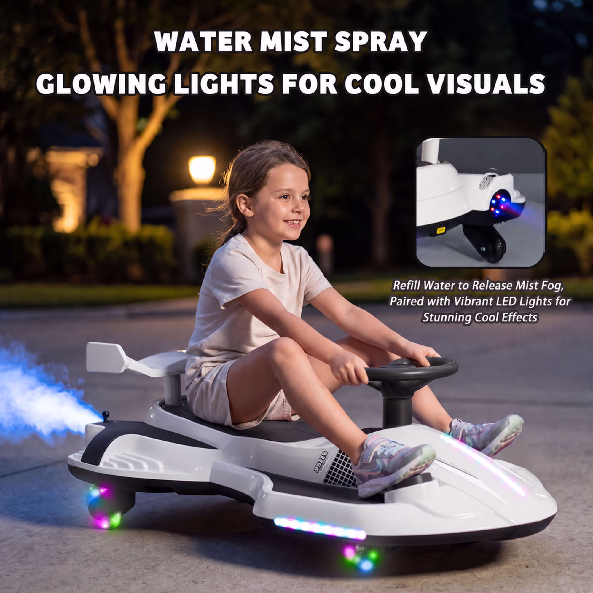 KEEPSUN 12V Electric Wiggle Car for Kids, 2 in 1 Swing Ride on Toy, Drift Car with Spray, Flashing 360° Swivel Wheels, Music, Bluetooth, Anti-Rollover, Gift for Boys Girls Ages 3-8 - White - Image 5