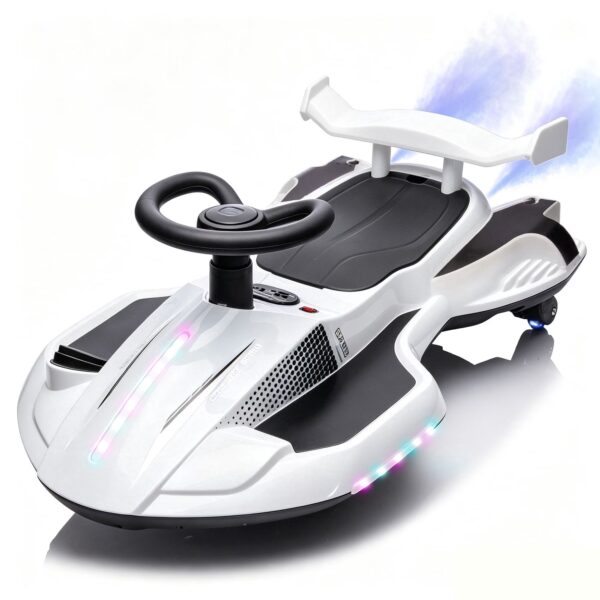 KEEPSUN 12V Electric Wiggle Car for Kids, 2 in 1 Swing Ride on Toy, Drift Car with Spray, Flashing 360° Swivel Wheels, Music, Bluetooth, Anti-Rollover, Gift for Boys Girls Ages 3-8 - White