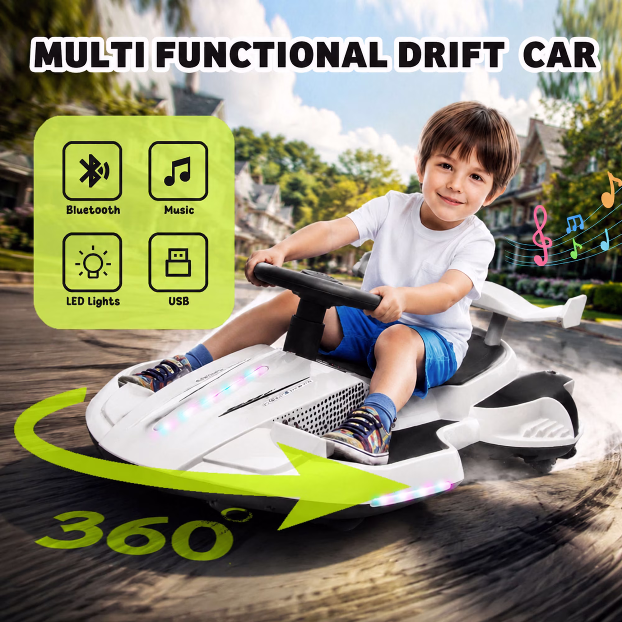 KEEPSUN 12V Electric Wiggle Car for Kids, 2 in 1 Swing Ride on Toy, Drift Car with Spray, Flashing 360° Swivel Wheels, Music, Bluetooth, Anti-Rollover, Gift for Boys Girls Ages 3-8 - White - Image 4