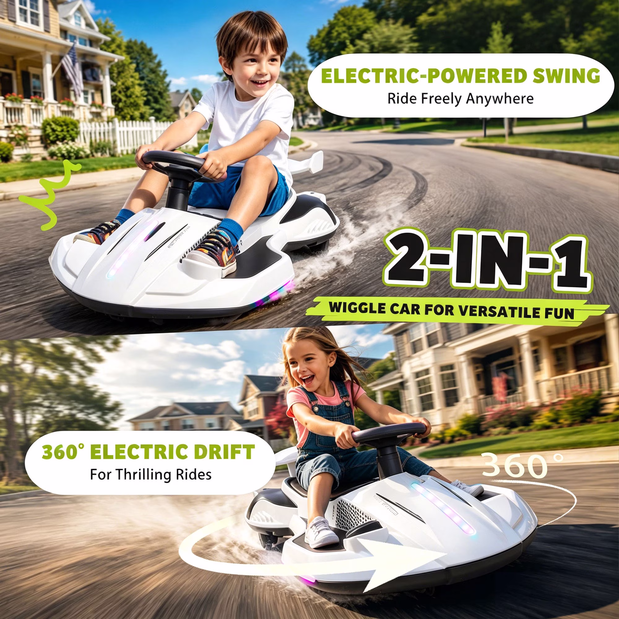 KEEPSUN 12V Electric Wiggle Car for Kids, 2 in 1 Swing Ride on Toy, Drift Car with Spray, Flashing 360° Swivel Wheels, Music, Bluetooth, Anti-Rollover, Gift for Boys Girls Ages 3-8 - White - Image 3