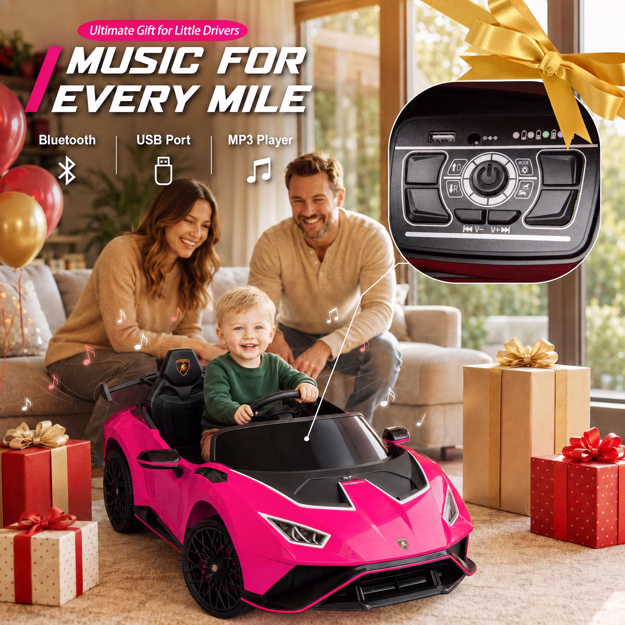 KEEPSUN 12V Ride On Toys for Kids, Licensed Lamborghini Ride On Car w/Remote Control, 3-Speed, Bluetooth & Music, Electric Car for Toddler Ages 1-3, Ideal Gift for Boys Girls - Pink - Image 2