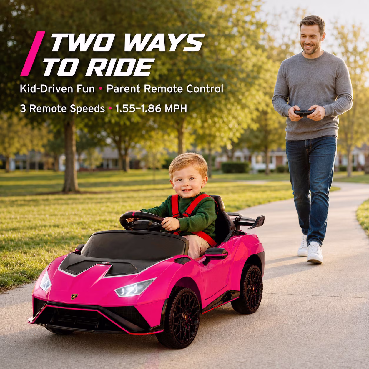 KEEPSUN 12V Ride On Toys for Kids, Licensed Lamborghini Ride On Car w/Remote Control, 3-Speed, Bluetooth & Music, Electric Car for Toddler Ages 1-3, Ideal Gift for Boys Girls - Pink - Image 4