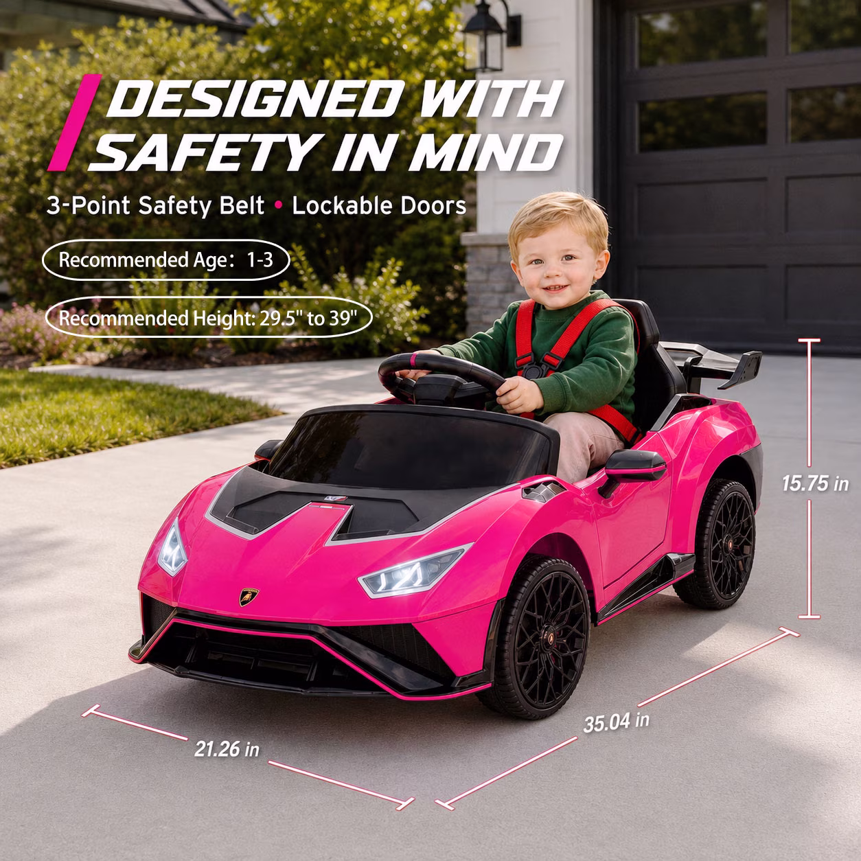KEEPSUN 12V Ride On Toys for Kids, Licensed Lamborghini Ride On Car w/Remote Control, 3-Speed, Bluetooth & Music, Electric Car for Toddler Ages 1-3, Ideal Gift for Boys Girls - Pink - Image 3