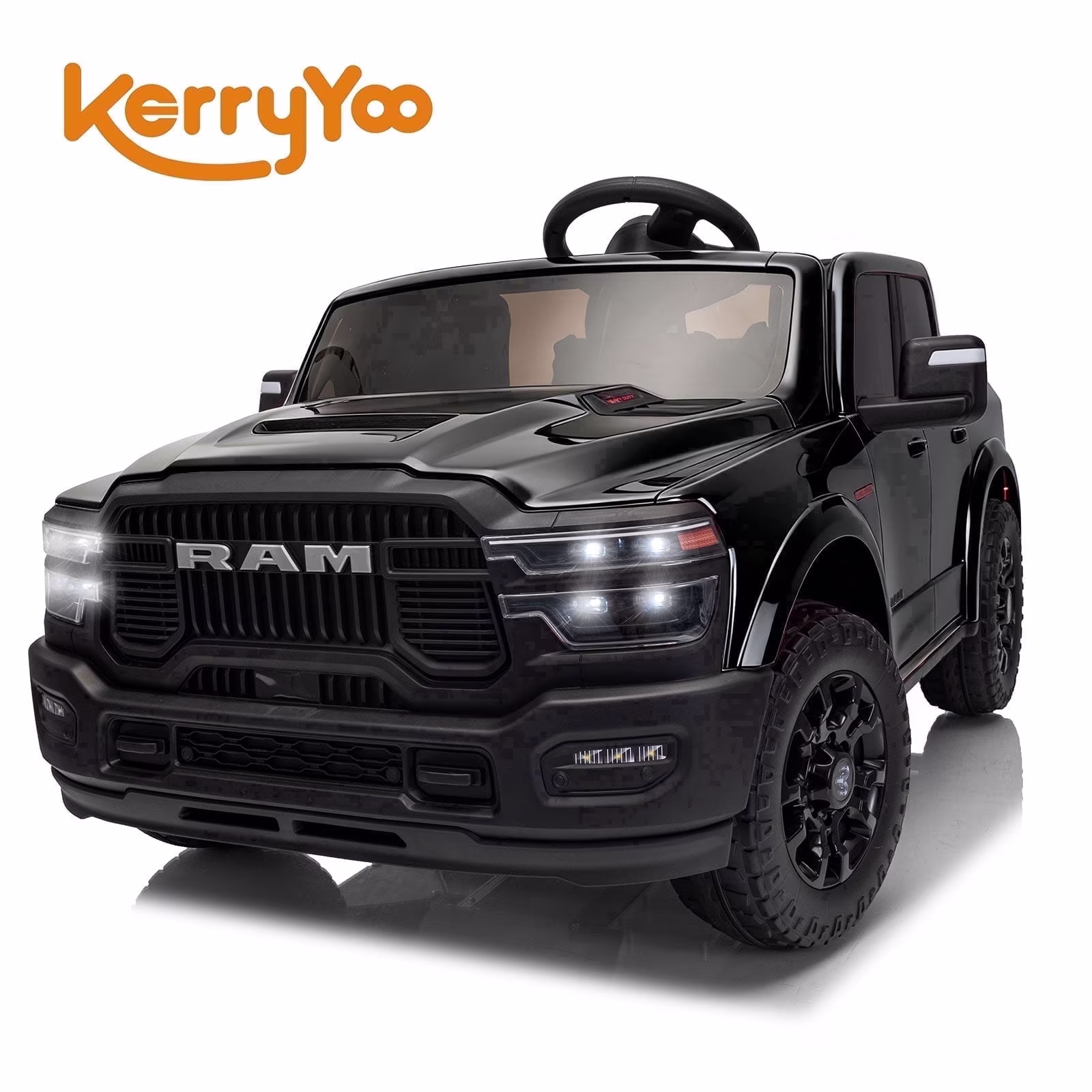 Kerry Yoo SQ7 Ride on Toys Car, 24V Truck RAM 2500 Rebel Electric Vehicle for Kids, Pickup Truck, 2 Seater, Bed Storage, Remote Control, Safety Belt, Music- Black