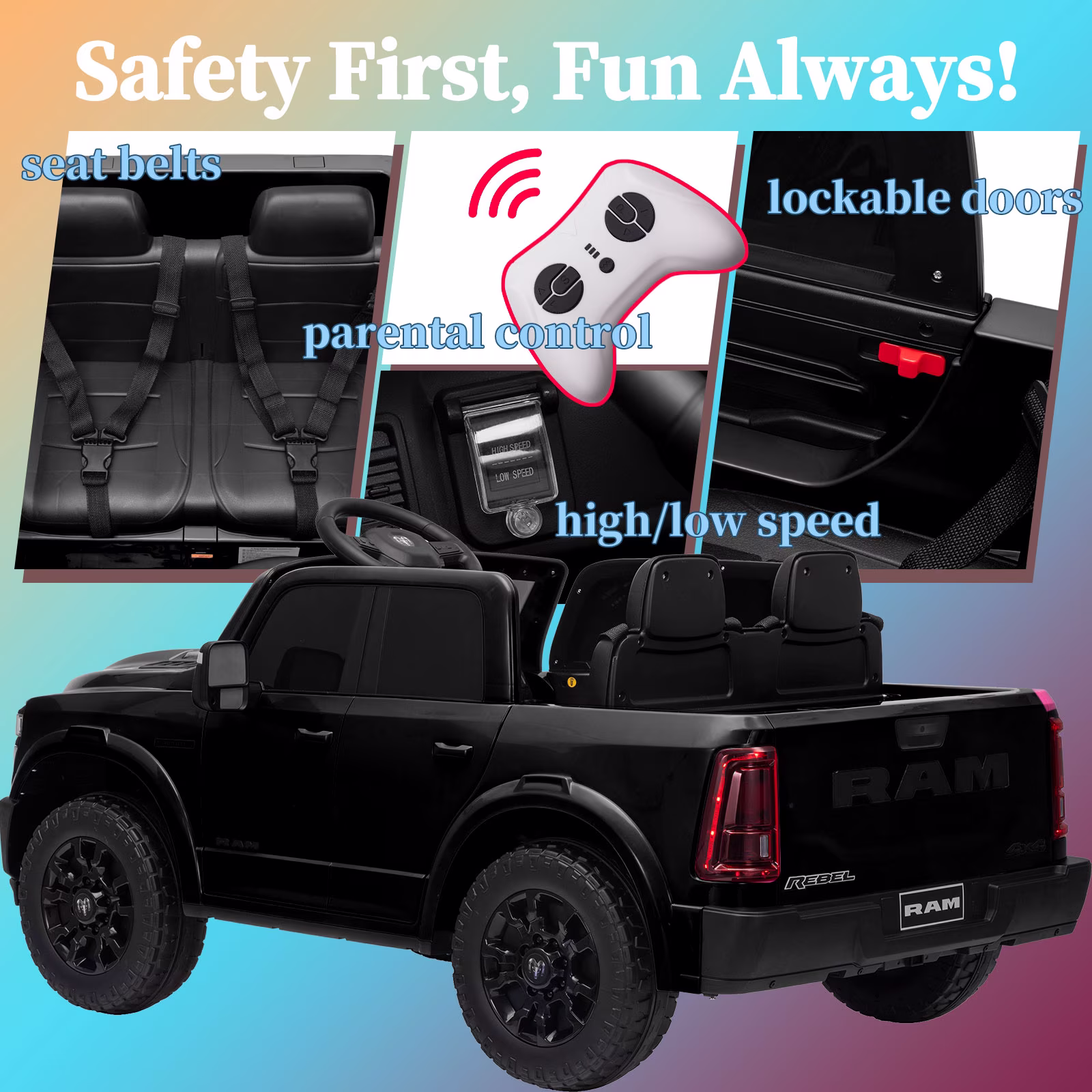 Kerry Yoo SQ7 Ride on Toys Car, 24V Truck RAM 2500 Rebel Electric Vehicle for Kids, Pickup Truck, 2 Seater, Bed Storage, Remote Control, Safety Belt, Music- Black - Image 3