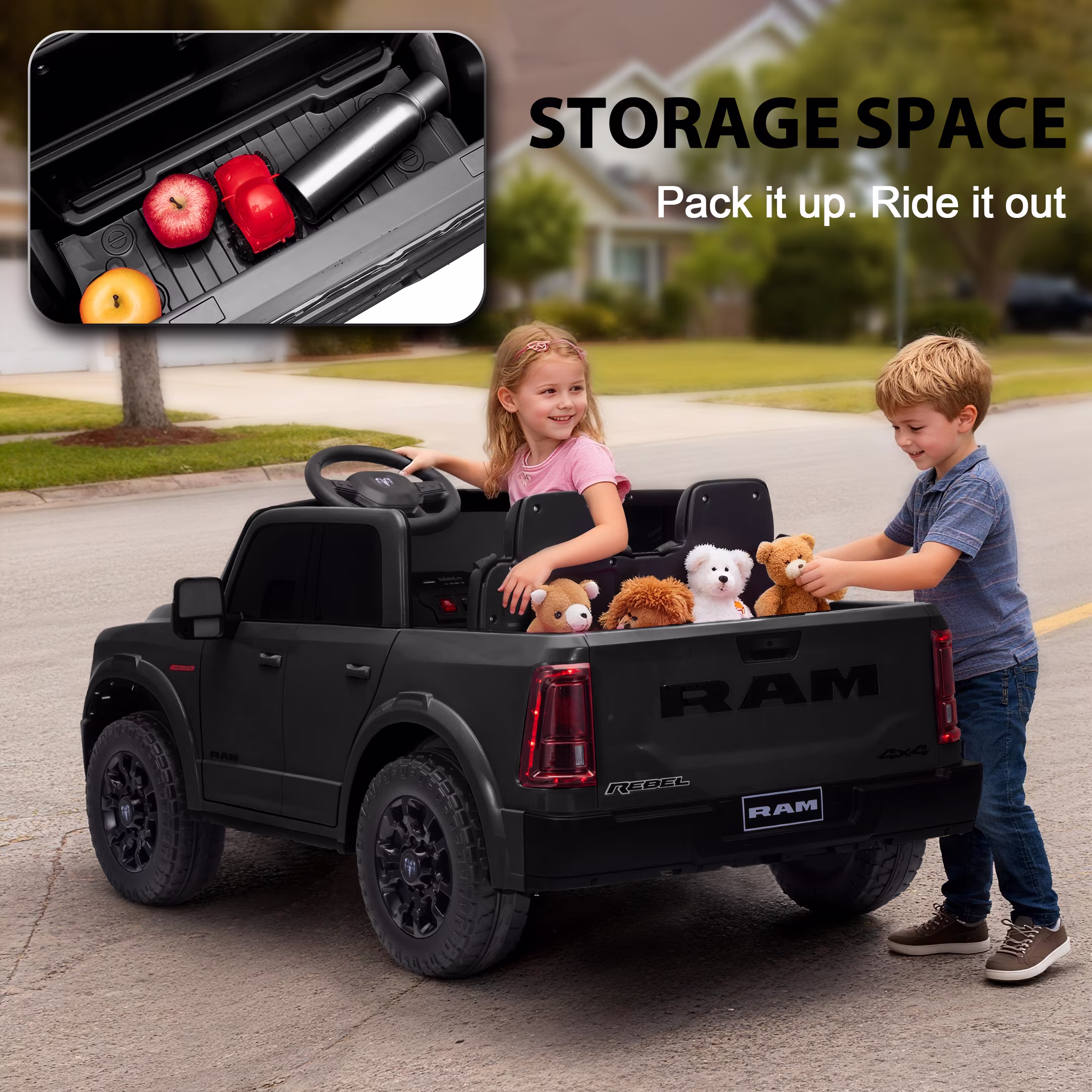 Kerry Yoo SQ7 Ride on Toys Car, 24V Truck RAM 2500 Rebel Electric Vehicle for Kids, Pickup Truck, 2 Seater, Bed Storage, Remote Control, Safety Belt, Music- Black - Image 4