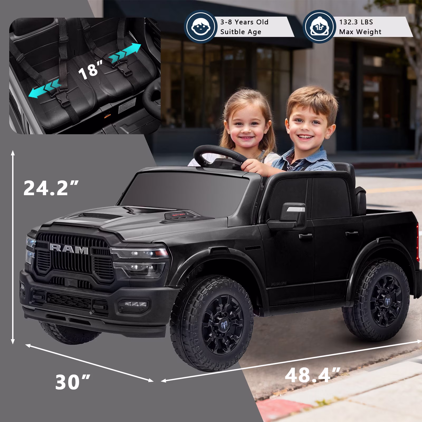 Kerry Yoo SQ7 Ride on Toys Car, 24V Truck RAM 2500 Rebel Electric Vehicle for Kids, Pickup Truck, 2 Seater, Bed Storage, Remote Control, Safety Belt, Music- Black - Image 2