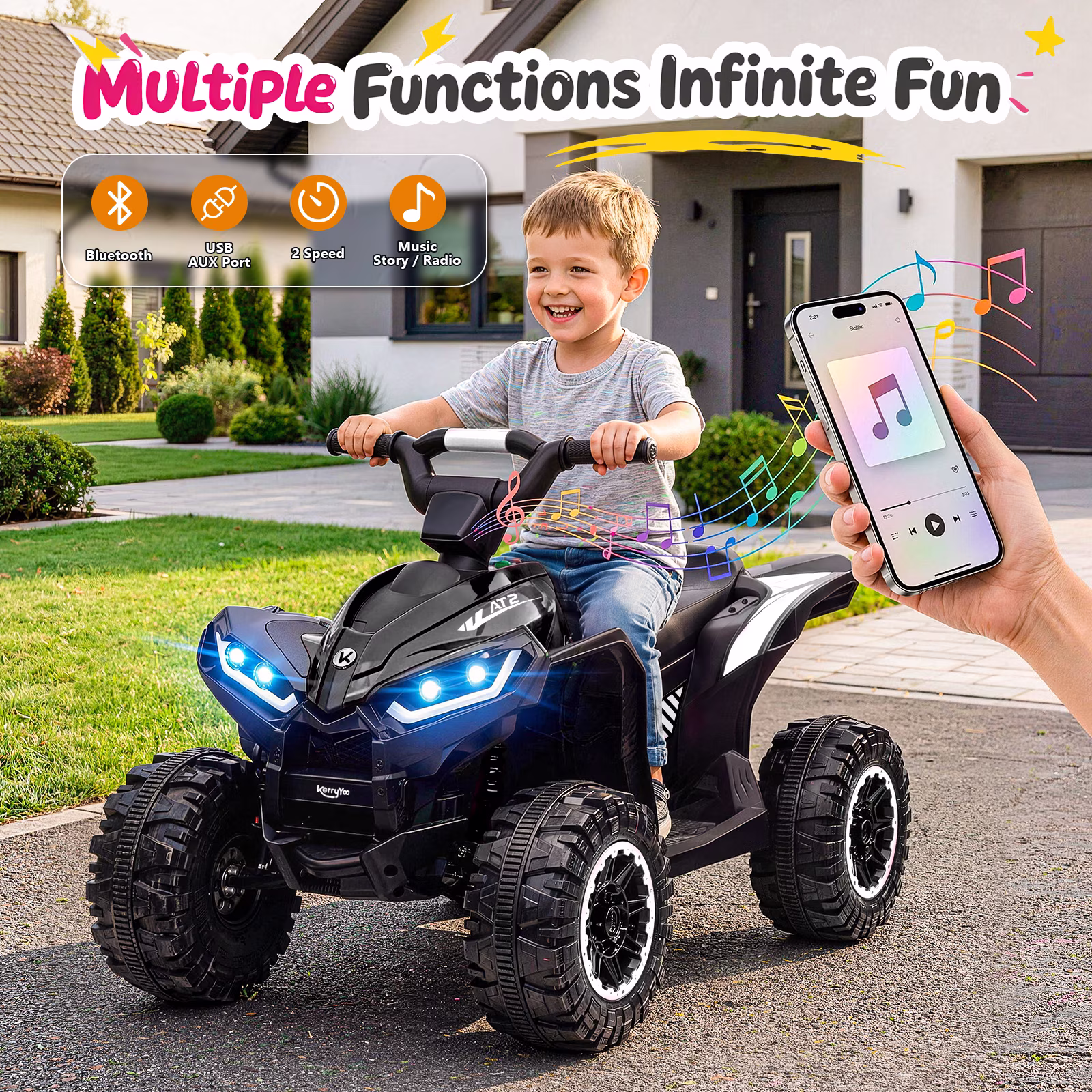KerryYoo AT2 12V ATV Ride on, Electric Car for Kids, 4 Wheels Ride on toys, Ages 3+, Remote Control, LED Lights, Music - Black - Image 2