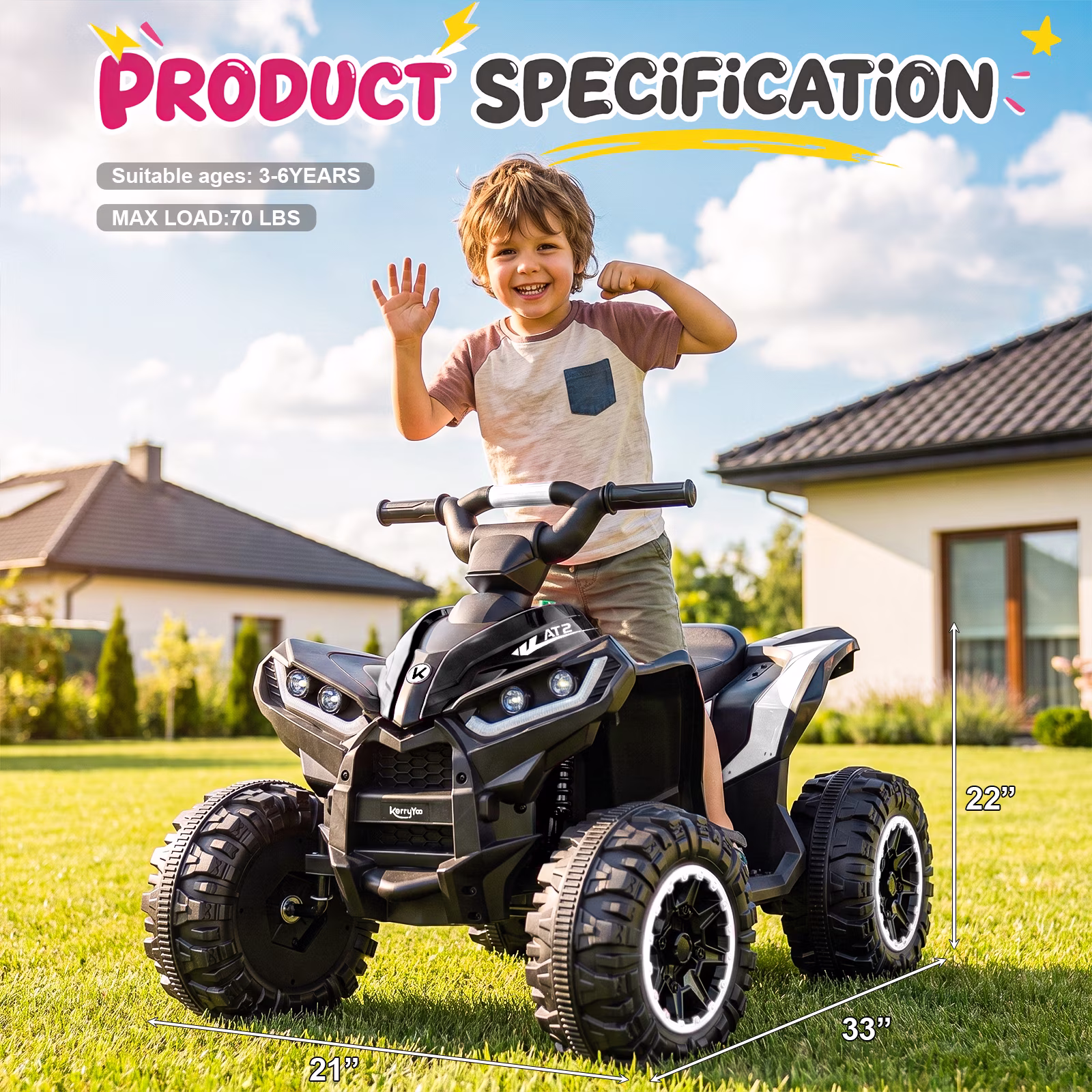 KerryYoo AT2 12V ATV Ride on, Electric Car for Kids, 4 Wheels Ride on toys, Ages 3+, Remote Control, LED Lights, Music - Black - Image 5