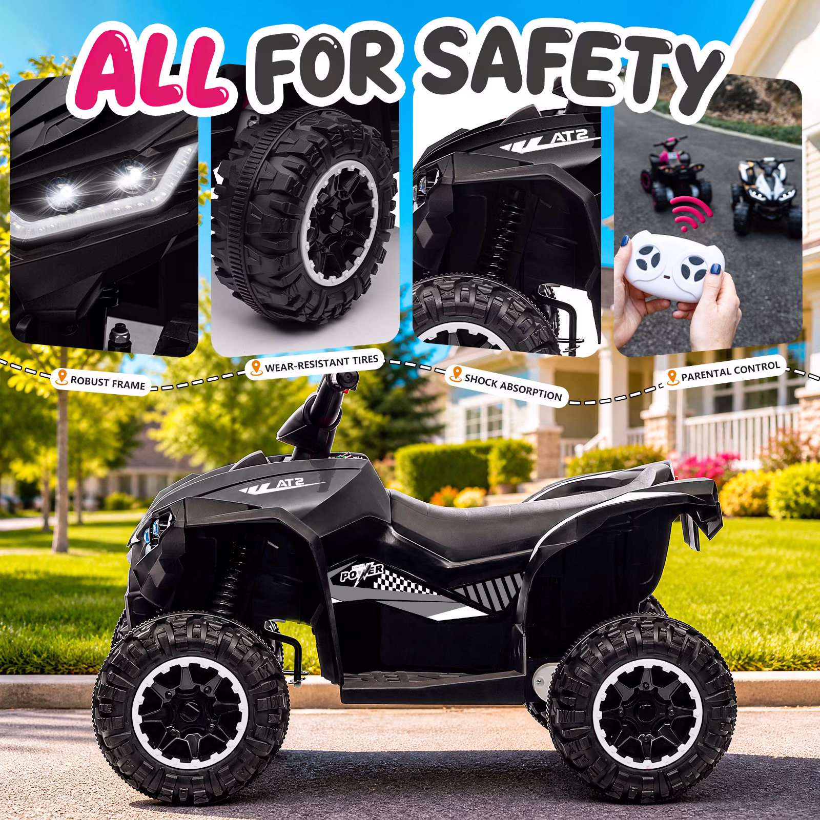 KerryYoo AT2 12V ATV Ride on, Electric Car for Kids, 4 Wheels Ride on toys, Ages 3+, Remote Control, LED Lights, Music - Black - Image 4