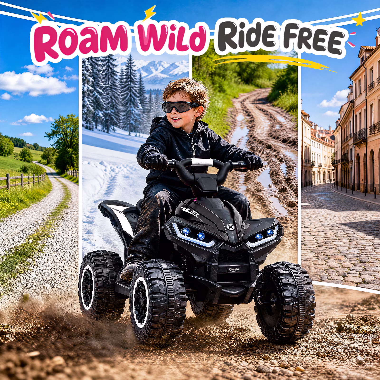 KerryYoo AT2 12V ATV Ride on, Electric Car for Kids, 4 Wheels Ride on toys, Ages 3+, Remote Control, LED Lights, Music - Black - Image 3
