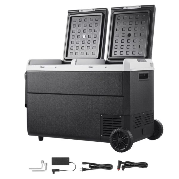 KFFKFF 12 Volt Portable Car Refrigerator, 100.4QT/95L Dual Zone Electric Cooler with Wheels and Handle, -4℉~68℉, 12/24V DC and 100-240V AC Compressor Freezer for Camping, Travel, RV, and Outdoor Use