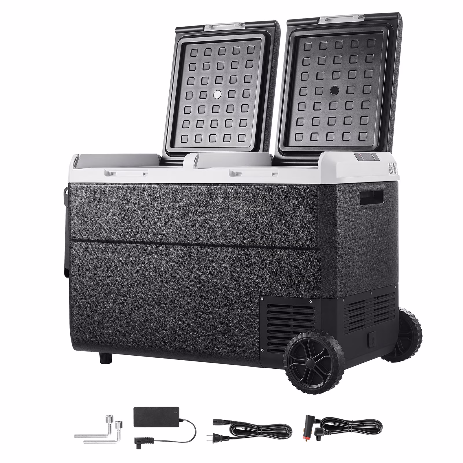 KFFKFF 12 Volt Portable Car Refrigerator, 100.4QT/95L Dual Zone Electric Cooler with Wheels and Handle, -4℉~68℉, 12/24V DC and 100-240V AC Compressor Freezer for Camping, Travel, RV, and Outdoor Use