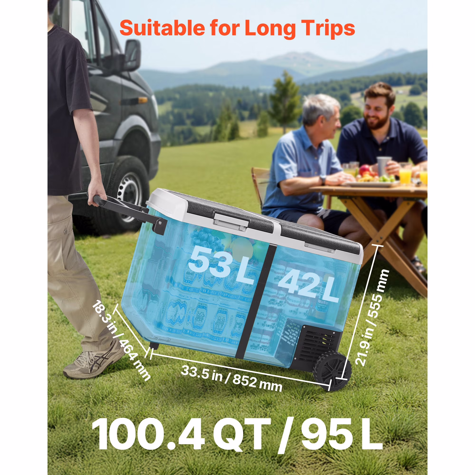 KFFKFF 12 Volt Portable Car Refrigerator, 100.4QT/95L Dual Zone Electric Cooler with Wheels and Handle, -4℉~68℉, 12/24V DC and 100-240V AC Compressor Freezer for Camping, Travel, RV, and Outdoor Use - Image 5