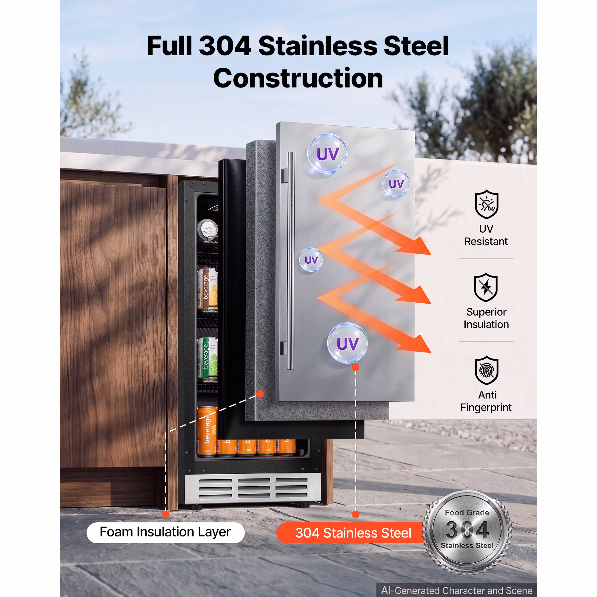 KFFKFF 15-Inch Outdoor Beverage Refrigerator, 3.0 Cu. Ft Capacity, Stainless Steel Door, Holds 94 Cans, Efficient Cooling System, Built-in or Freestanding Design for Home Bar and Patio - Image 2