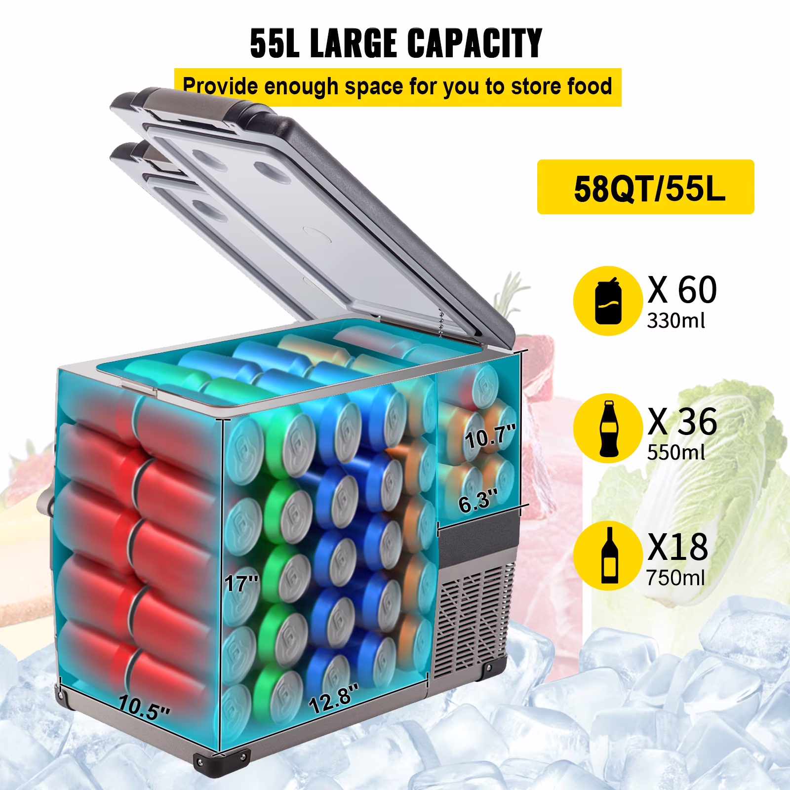 KFFKFF 55L Portable Car Refrigerator, 58 Quart Compact RV Fridge, 12/24V DC & 110-240V AC Vehicle, Car, Truck, Boat Mini Electric Freezer - Ideal for Driving - Image 3