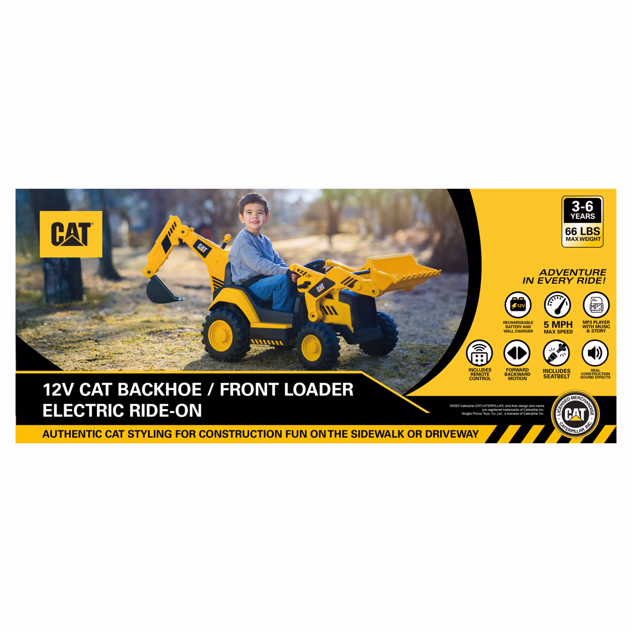 Kid Trax 12V CAT Backhoe Loader Ride-On Excavator with Working Loaders, MP3, Real Sounds, Ages 36 - Image 2