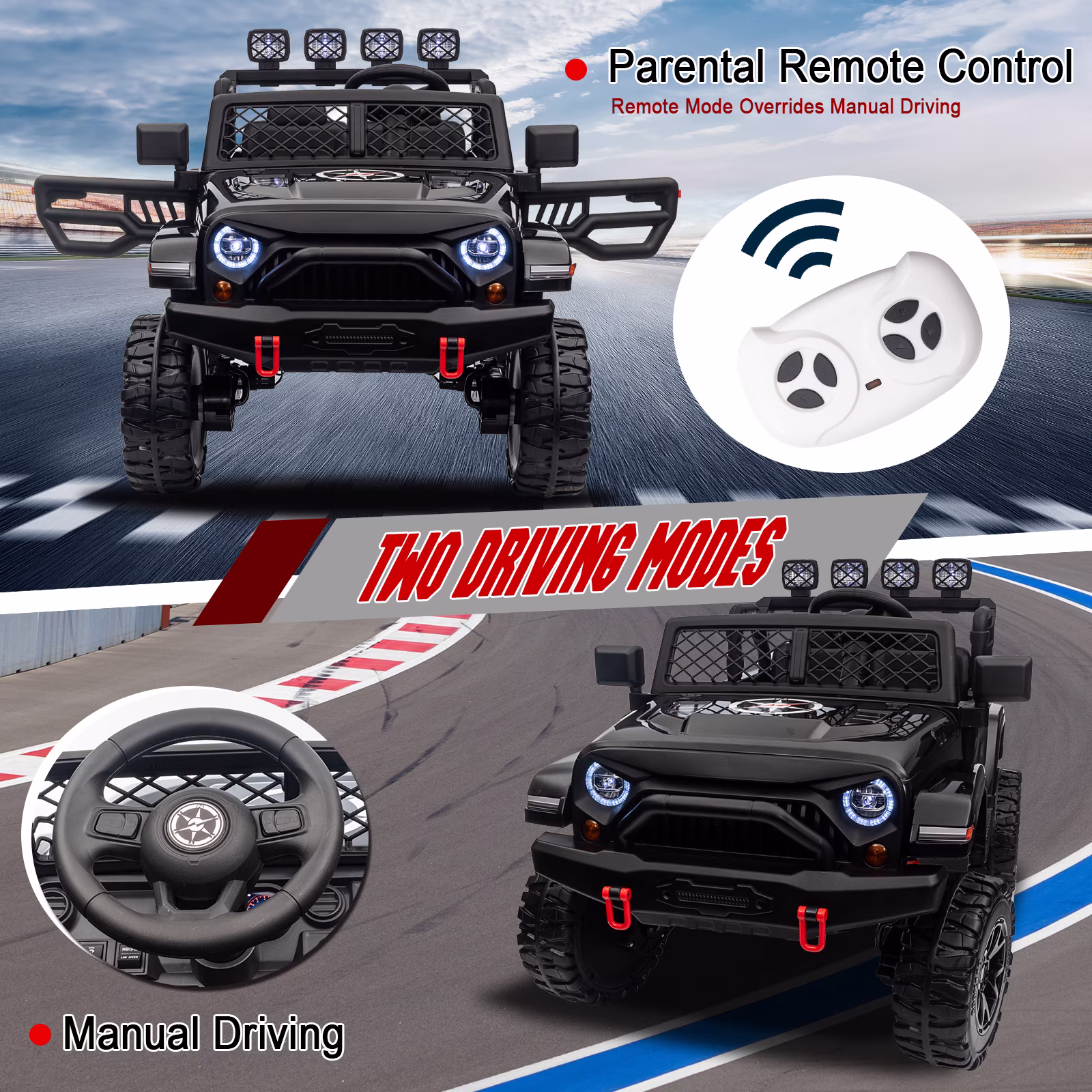 Kids 2-Seater Ride On Jeep, 24V 7Ah 4WD Four 550 Motors, Remote Control, EVA Wheels, Spring Suspension, LED Lights & Music for Ages 3+ - Image 3
