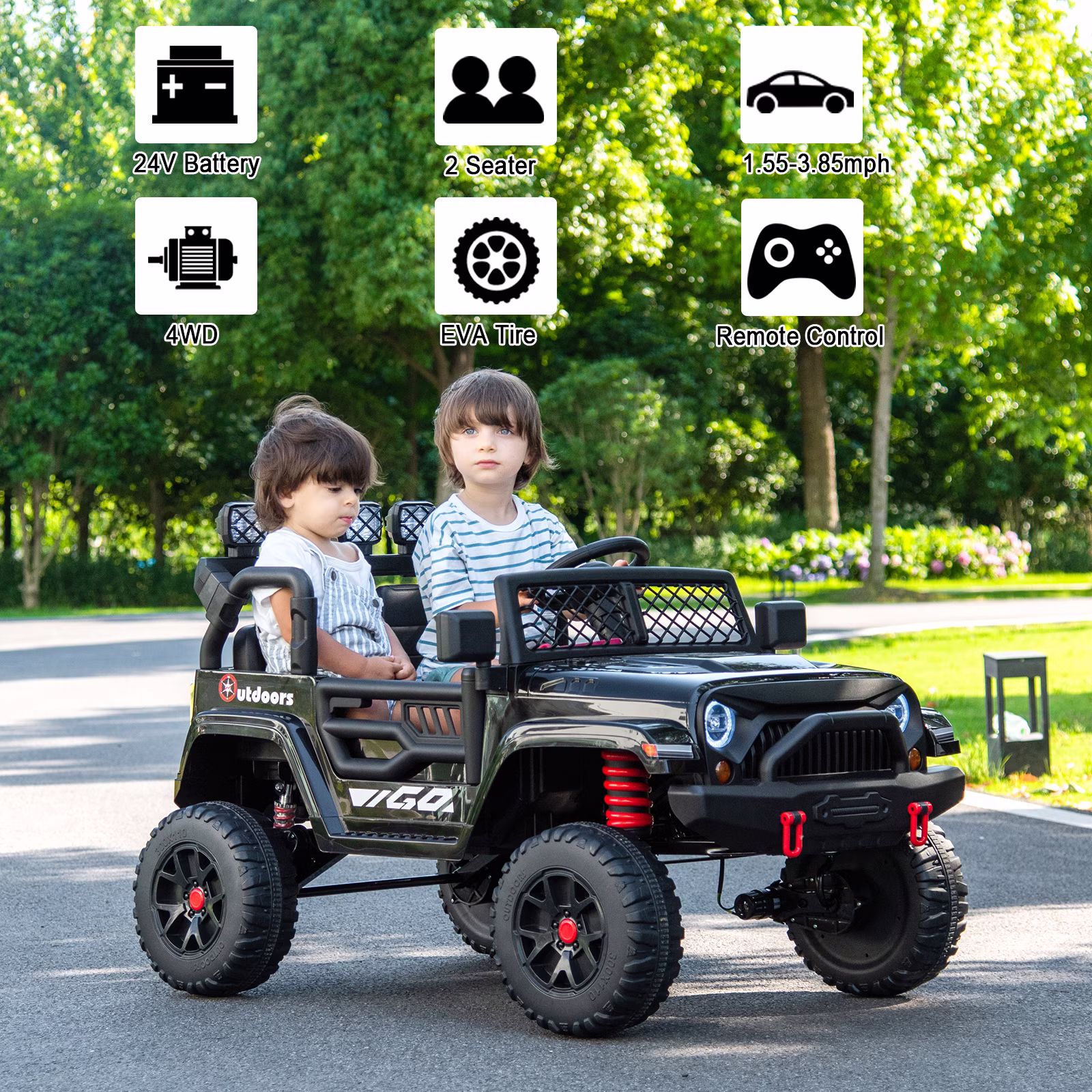 Kids 2-Seater Ride On Jeep, 24V 7Ah 4WD Four 550 Motors, Remote Control, EVA Wheels, Spring Suspension, LED Lights & Music for Ages 3+ - Image 2