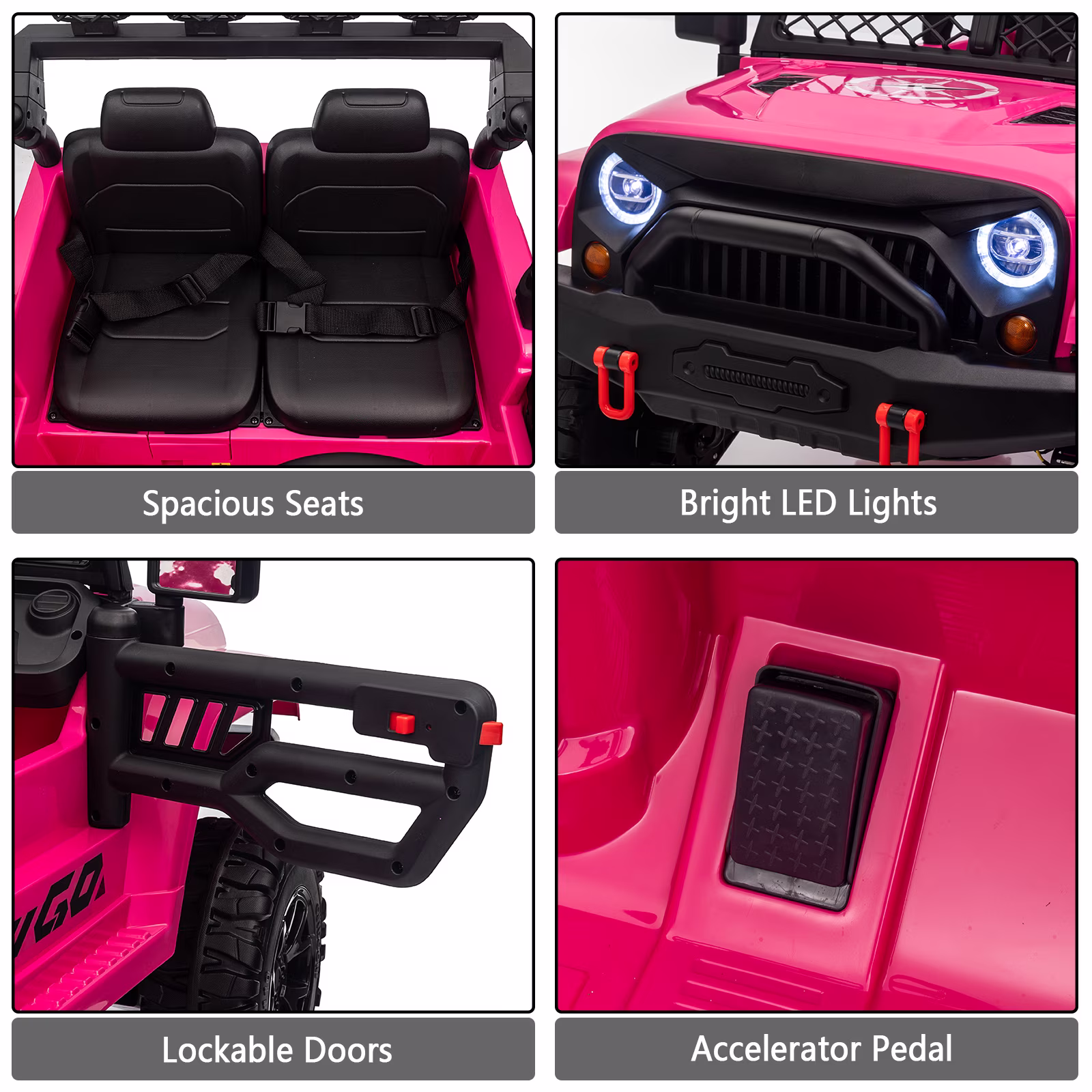 Kids 2-Seater Ride On Jeep, 24V 7Ah 4WD Four 550 Motors, Remote Control, EVA Wheels, Spring Suspension, LED Lights & Music for Ages 3+(Pink) - Image 3