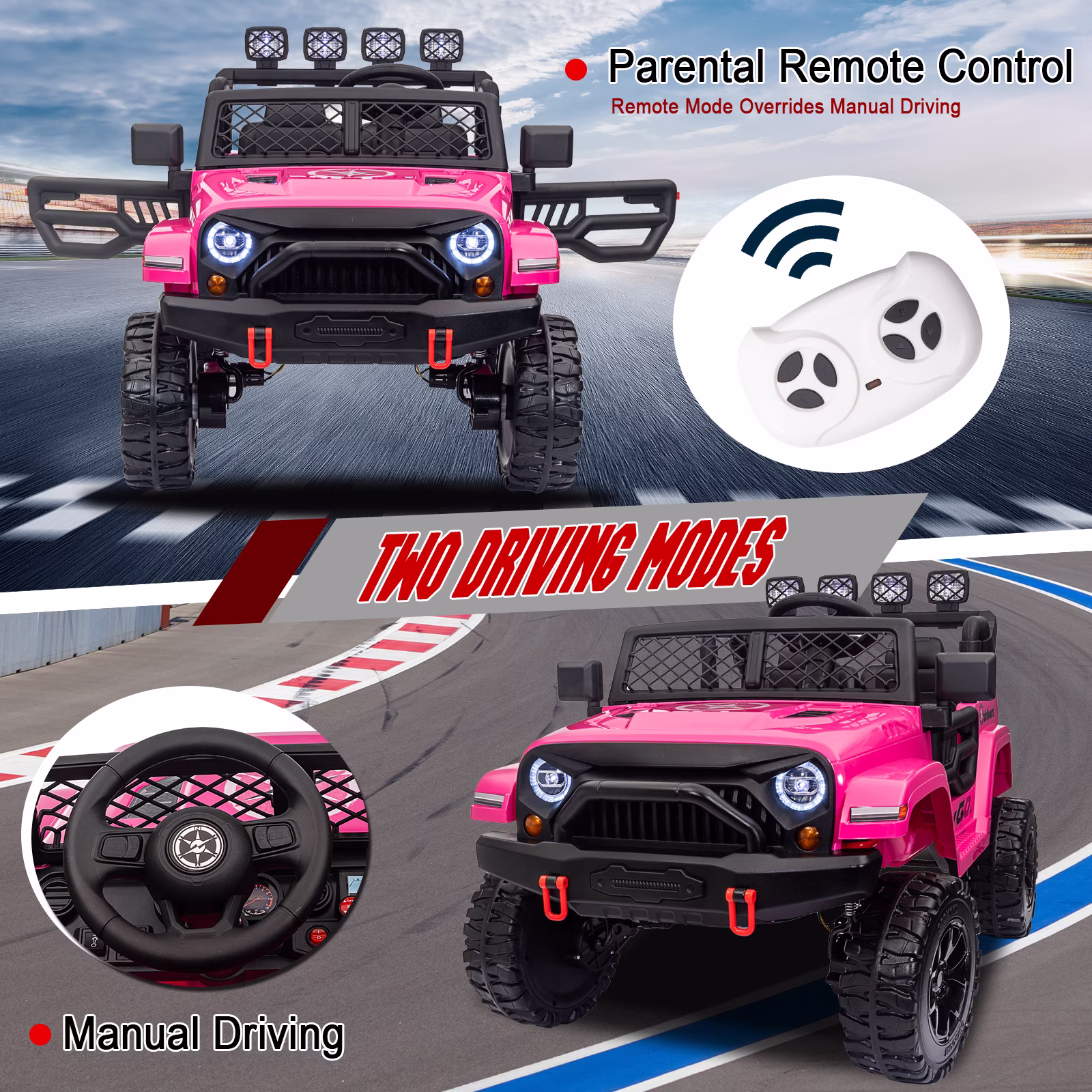 Kids 2-Seater Ride On Jeep, 24V 7Ah 4WD Four 550 Motors, Remote Control, EVA Wheels, Spring Suspension, LED Lights & Music for Ages 3+(Pink) - Image 5