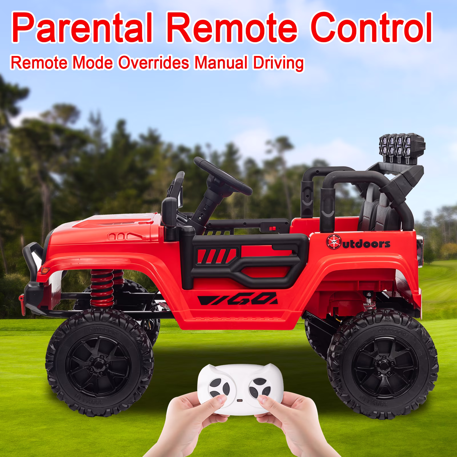 Kids 2-Seater Ride On Jeep, 24V 7Ah 4WD Four 550 Motors, Remote Control, EVA Wheels, Spring Suspension, LED Lights & Music for Ages 3+(Red) - Image 4