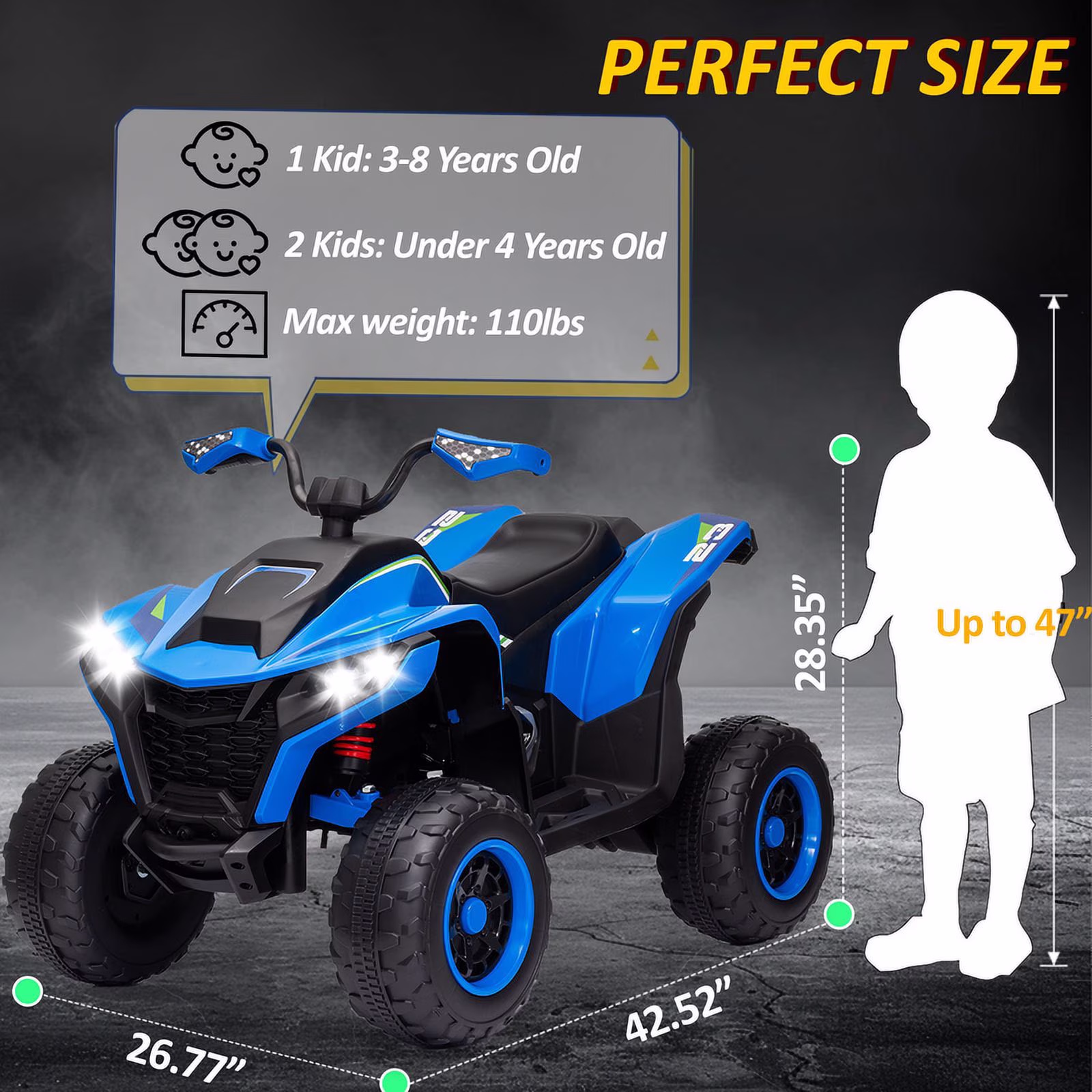 Kids ATV 4 Wheeler, 24V 2 Seater Electric ATV Quad w/4WD Motor, Protective Gear Set, Bluetooth, LED Lights, Spring Suspension, Battery Powered Ride on Toys for Big Kids, Boys, Girls, Christmas, Blue - Image 5