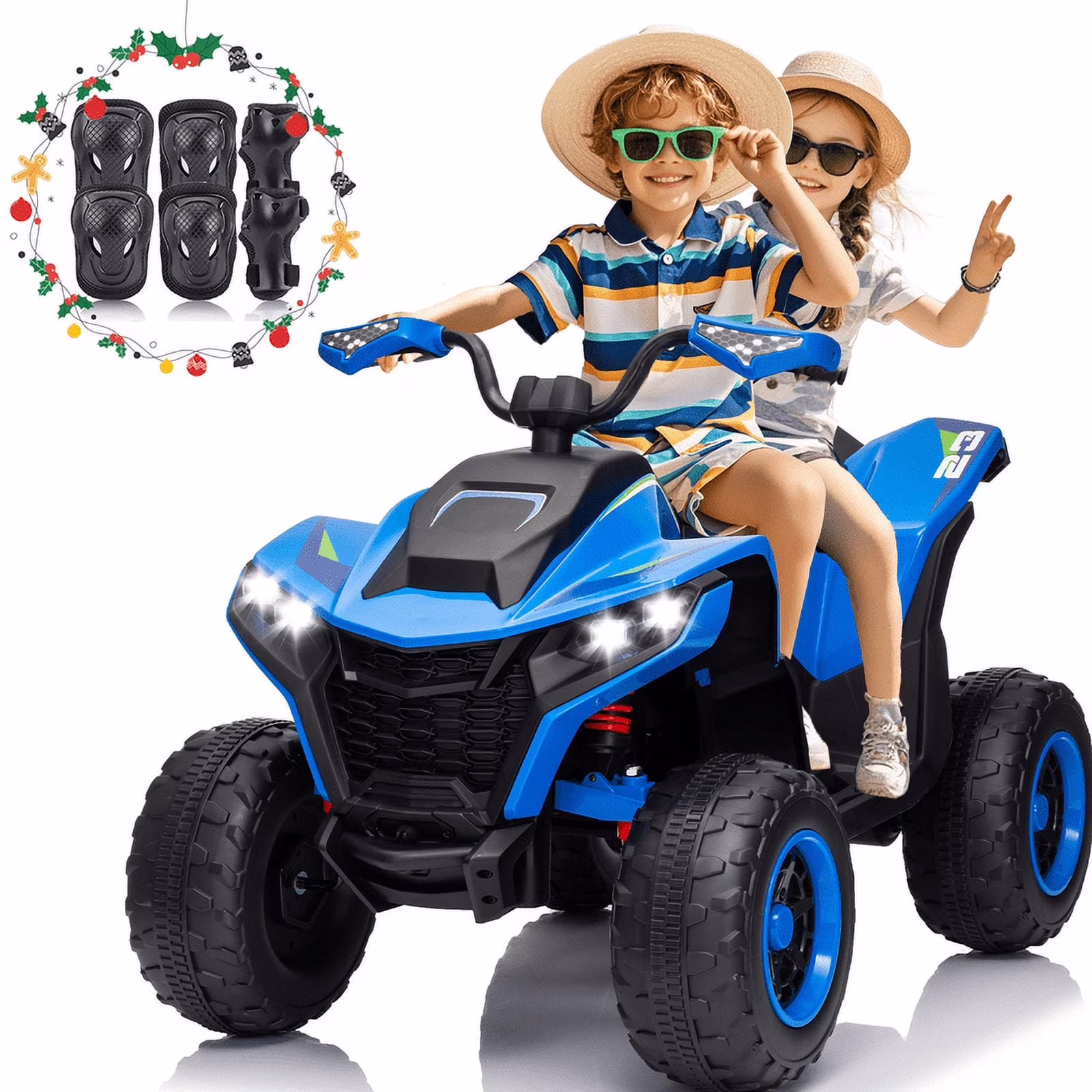 Kids ATV 4 Wheeler, 24V 2 Seater Electric ATV Quad w/4WD Motor, Protective Gear Set, Bluetooth, LED Lights, Spring Suspension, Battery Powered Ride on Toys for Big Kids, Boys, Girls, Christmas, Blue