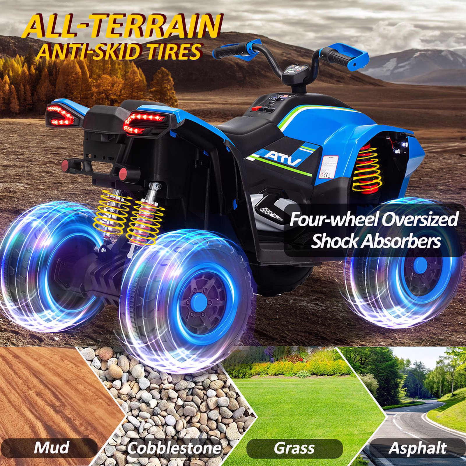 Kids ATV 4 Wheeler, 24V 2 Seater Electric ATV Quad w/4WD Motor, Protective Gear Set, Bluetooth, LED Lights, Spring Suspension, Battery Powered Ride on Toys for Big Kids, Boys, Girls, Christmas, Blue - Image 3