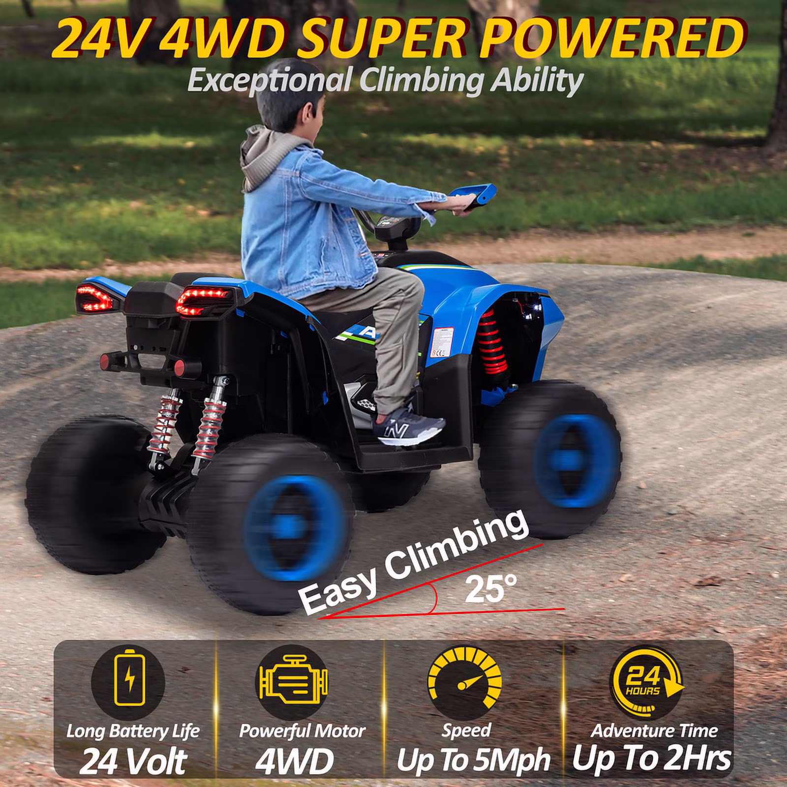 Kids ATV 4 Wheeler, 24V 2 Seater Electric ATV Quad w/4WD Motor, Protective Gear Set, Bluetooth, LED Lights, Spring Suspension, Battery Powered Ride on Toys for Big Kids, Boys, Girls, Christmas, Blue - Image 2