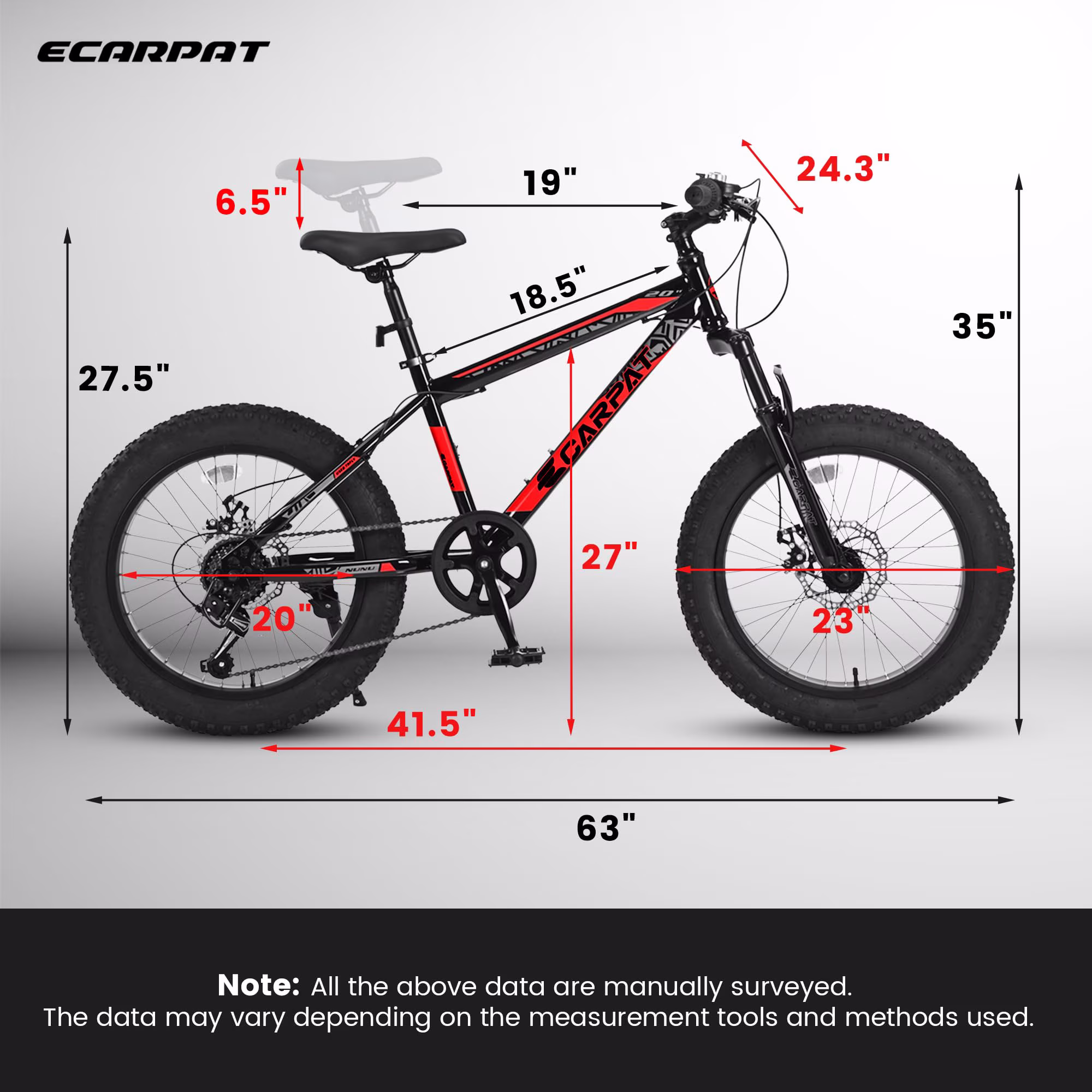 Kids' Bike 20 inch Wheels Fat Tire Bike, 4" Wide Fat Tire Snow Mountain Bike Ages 8-12 Year Old, Steel Frame, 7 Speed Teenager Children Kids' Bicycles - Image 4