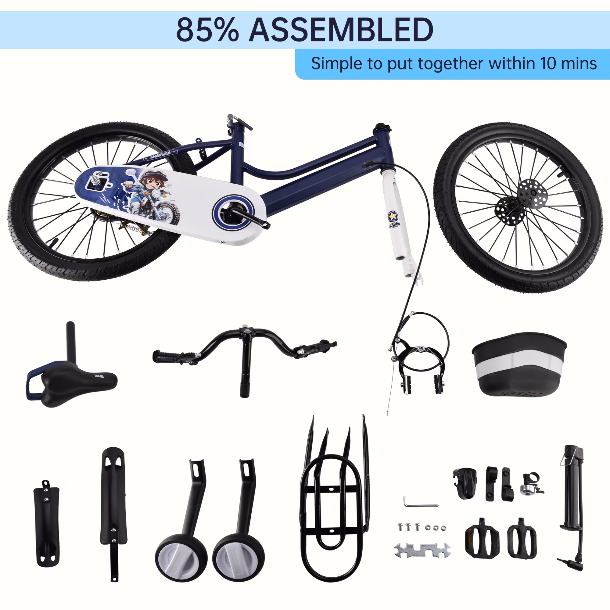 Kids Bike for Boys and Girls 16 18 inch Bicycle with Basket, Training Wheels, Ajustable Handlebars and Seat, Blue - Image 3