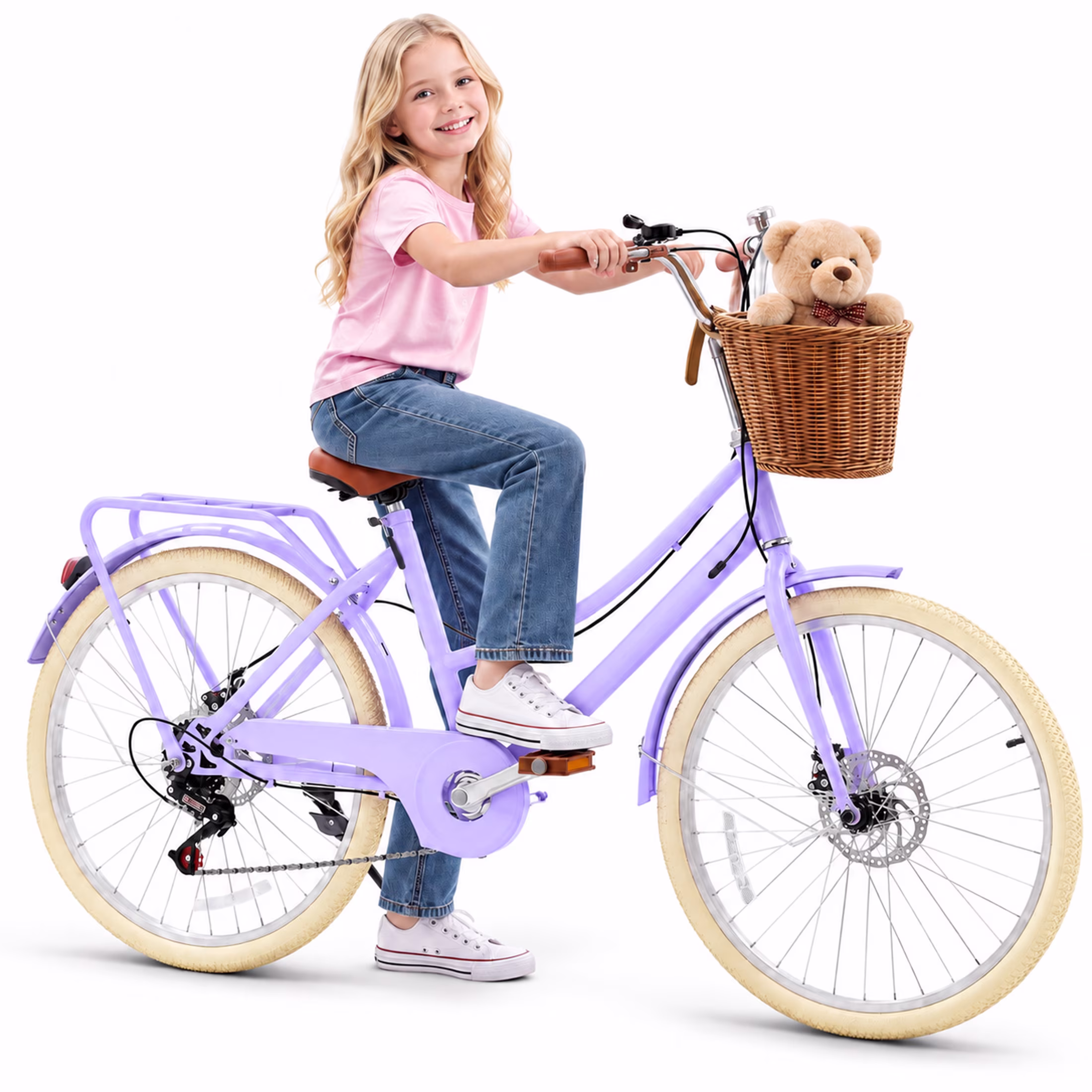 Kids Bike for Girls, Akaber 20 Inch Kids Bicycles for 6-15, 7-Speed Retro Cruiser with Rattan Basket, Lightweight Carbon Steel Frame, Dual Disc Brakes