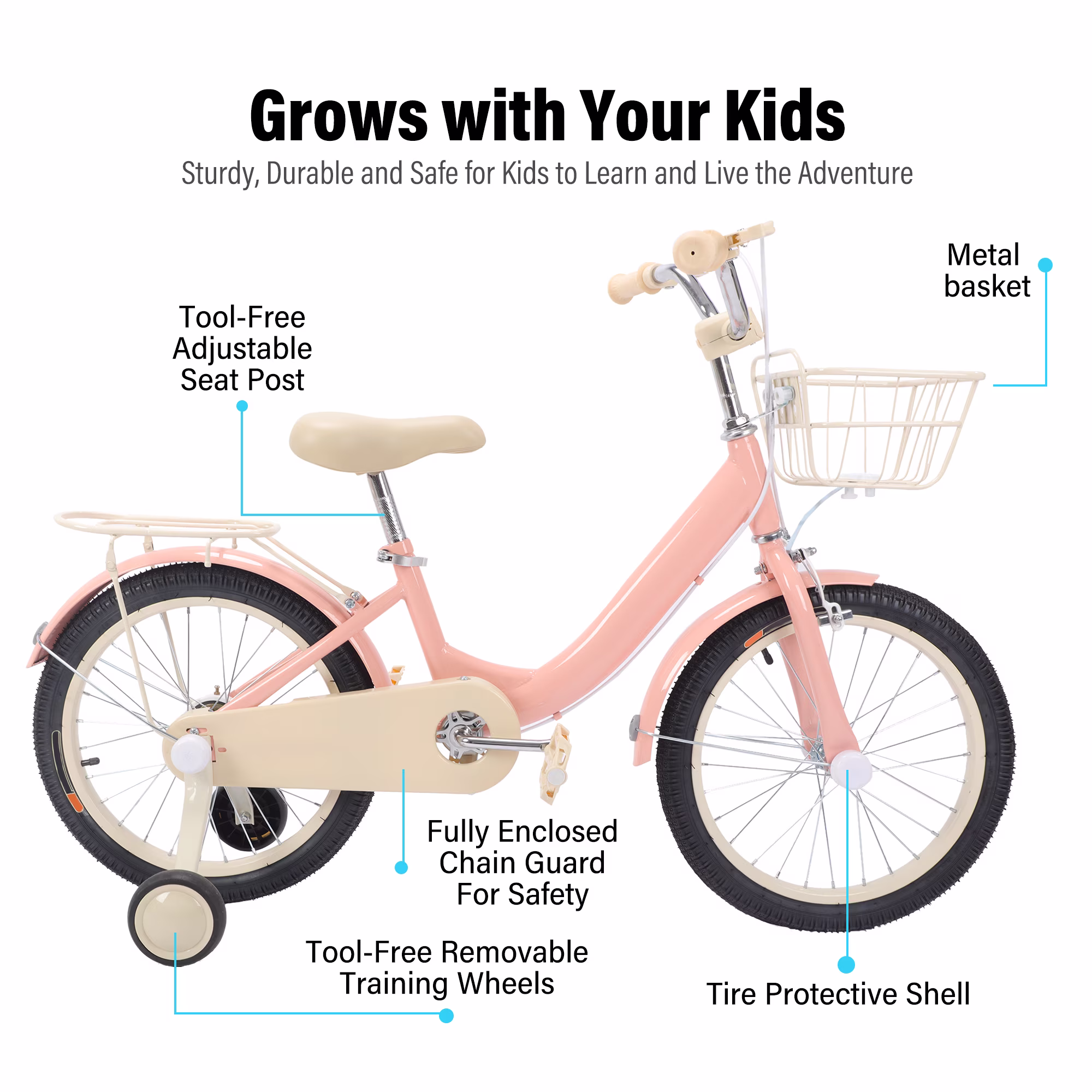 16 Inch Bicycle Children's Training Bicycles Kids Bike with Basket Bell Training Wheels & Basket Pink/Red/White - Image 3