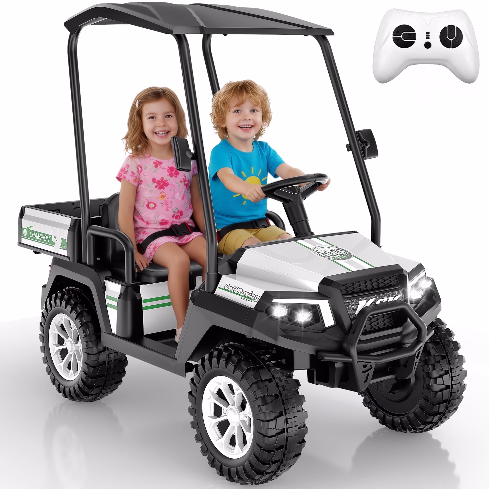 Kids Golf Cart, 24 Volt Ride on Cars, 4WD 2 Seater Electric Cars with Remote Control, Ride on Truck for Big Kids Ages 3-8, With Detachable Awning & Large Storage, 3 Speeds, Music, LED Lights, White