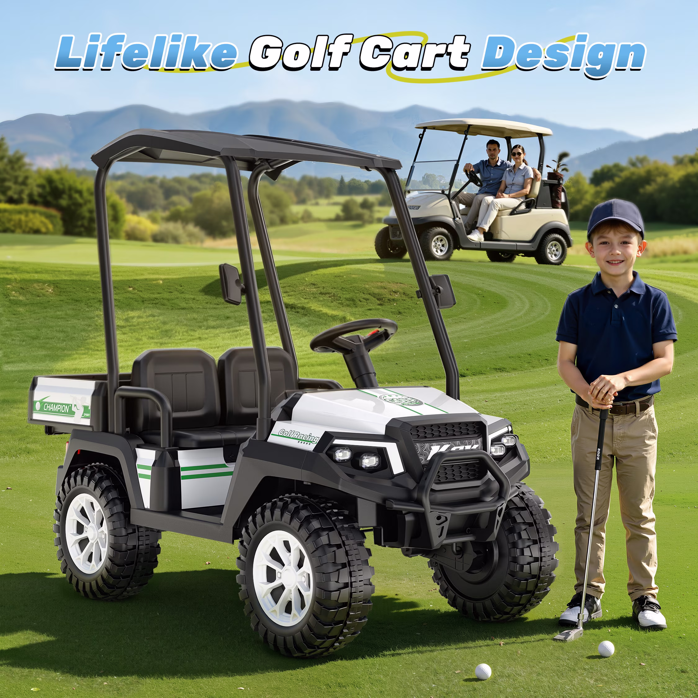 Kids Golf Cart, 24 Volt Ride on Cars, 4WD 2 Seater Electric Cars with Remote Control, Ride on Truck for Big Kids Ages 3-8, With Detachable Awning & Large Storage, 3 Speeds, Music, LED Lights, White - Image 5