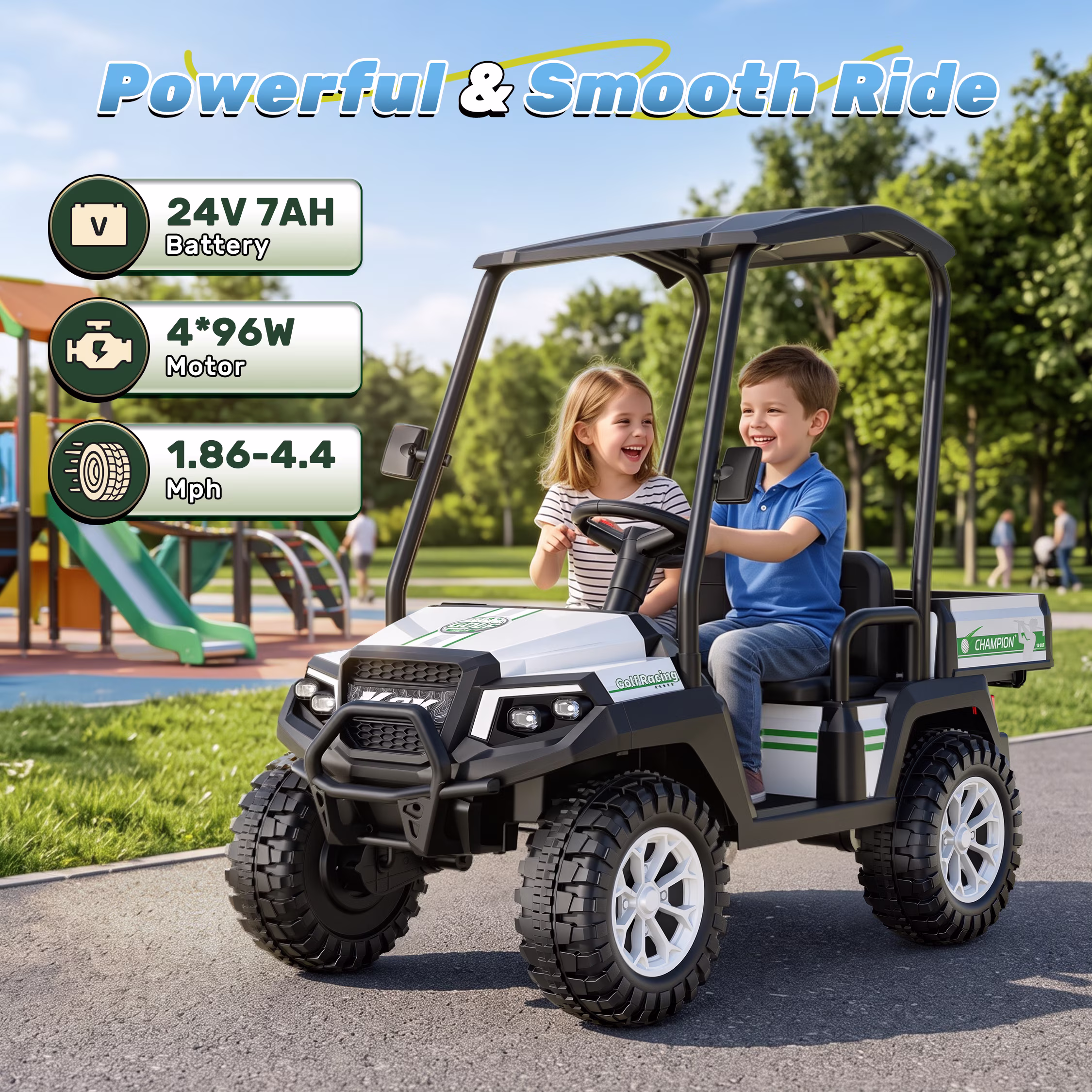 Kids Golf Cart, 24 Volt Ride on Cars, 4WD 2 Seater Electric Cars with Remote Control, Ride on Truck for Big Kids Ages 3-8, With Detachable Awning & Large Storage, 3 Speeds, Music, LED Lights, White - Image 4