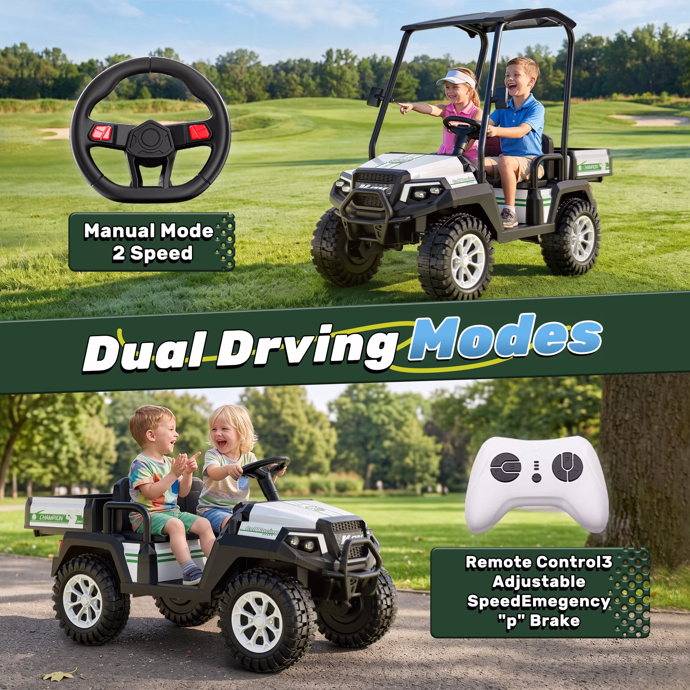 Kids Golf Cart, 24 Volt Ride on Cars, 4WD 2 Seater Electric Cars with Remote Control, Ride on Truck for Big Kids Ages 3-8, With Detachable Awning & Large Storage, 3 Speeds, Music, LED Lights, White - Image 3