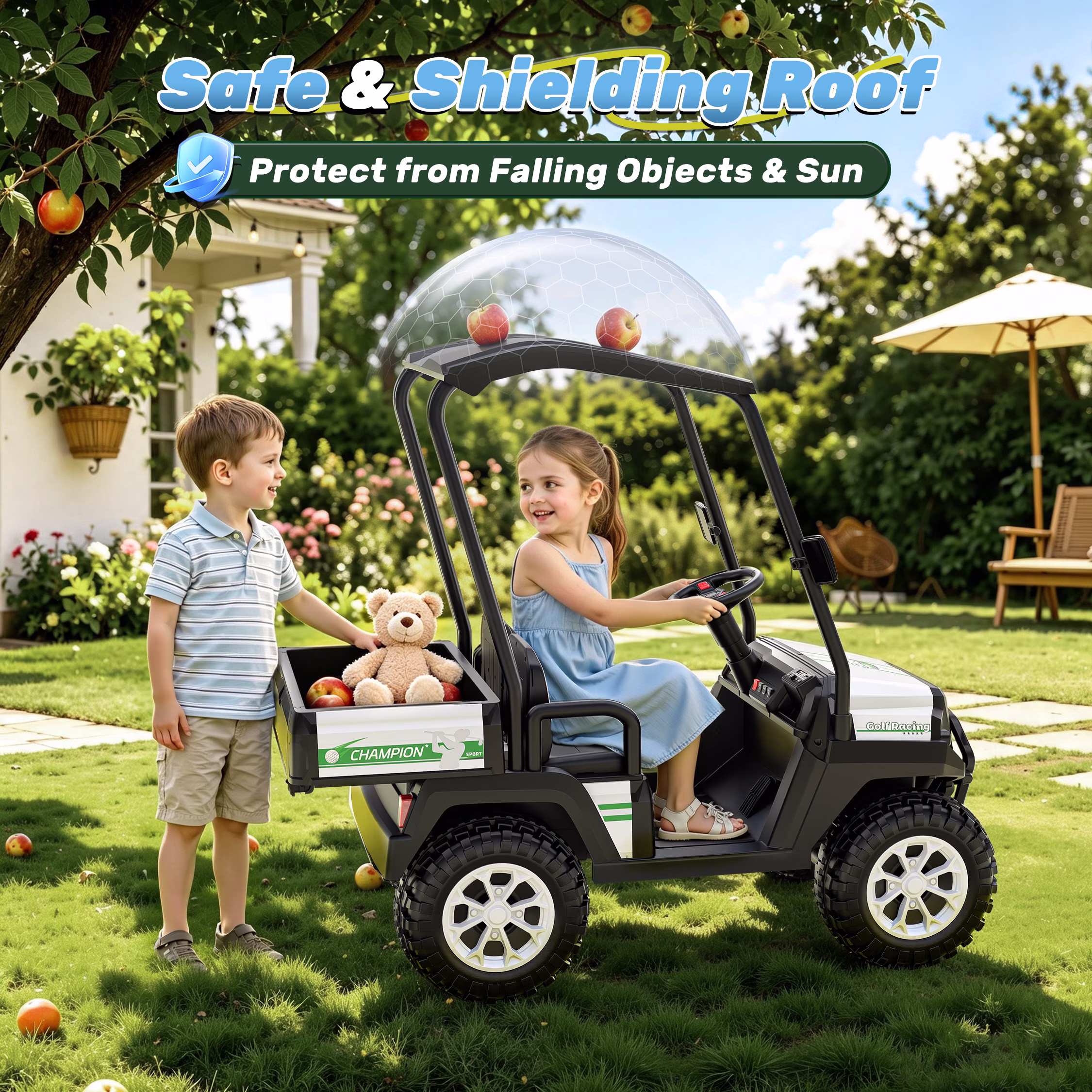 Kids Golf Cart, 24 Volt Ride on Cars, 4WD 2 Seater Electric Cars with Remote Control, Ride on Truck for Big Kids Ages 3-8, With Detachable Awning & Large Storage, 3 Speeds, Music, LED Lights, White - Image 2