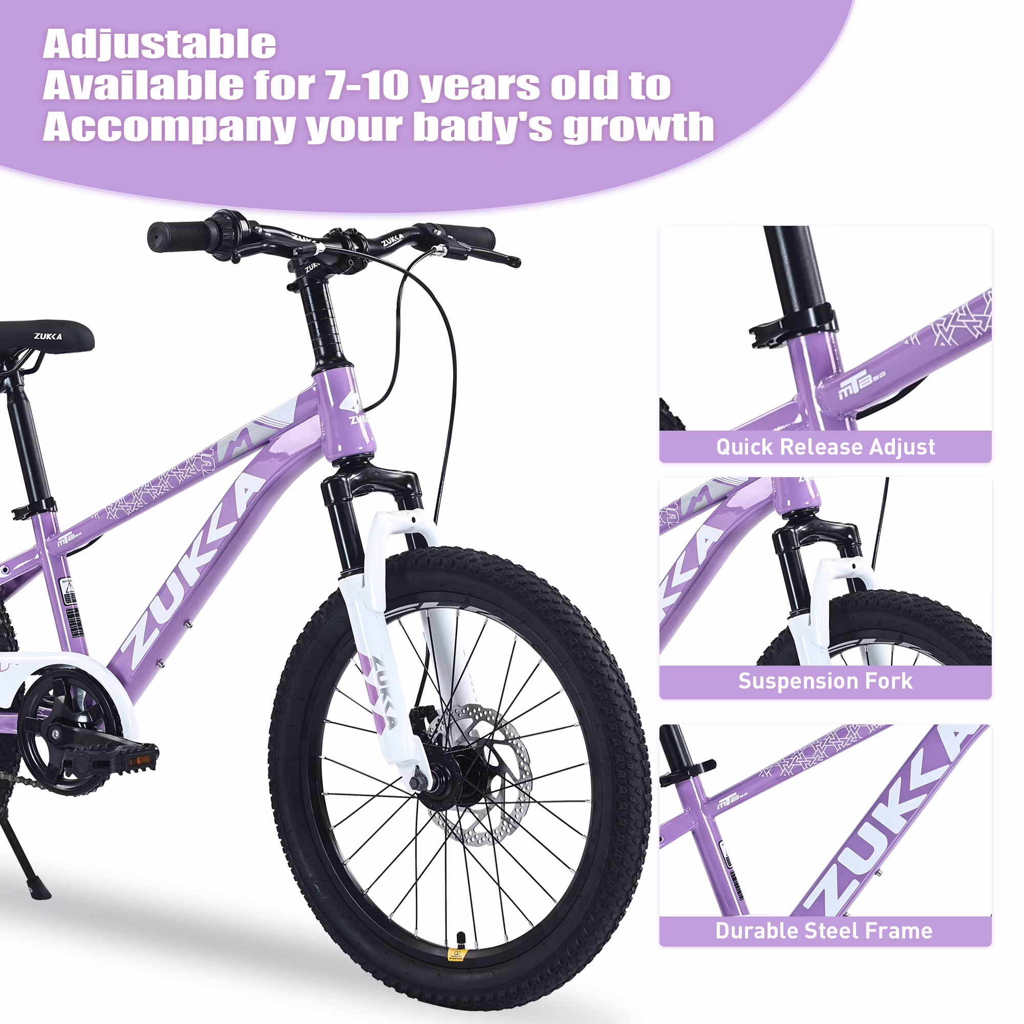 Kids Mountain Bike 20" Girls MTB for Girls Ages 7-10 Years, Single Speed, Steel Frame, Purple - Image 2