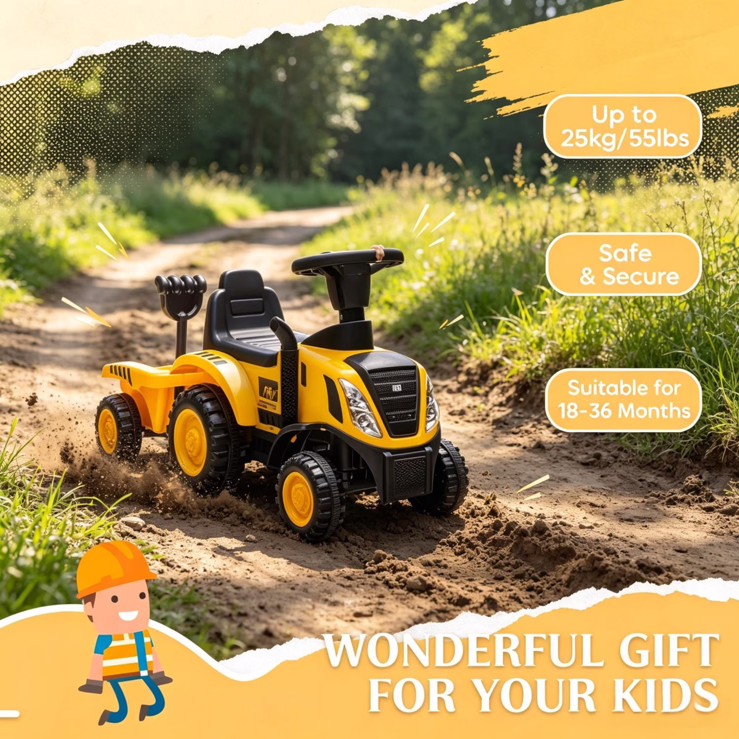 Kids No-Power Ride-On Tractor: Construction Toy with Shovel & Trailer for 18-36 Months Toddlers - Image 2