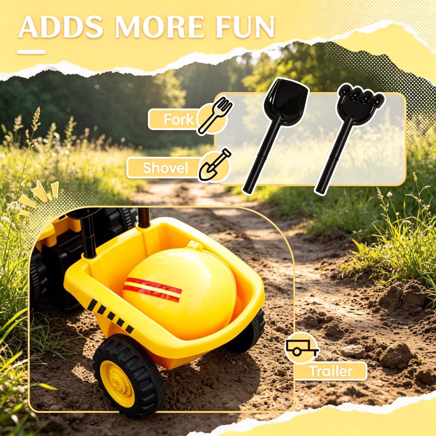 Kids No-Power Ride-On Tractor: Construction Toy with Shovel & Trailer for 18-36 Months Toddlers - Image 3
