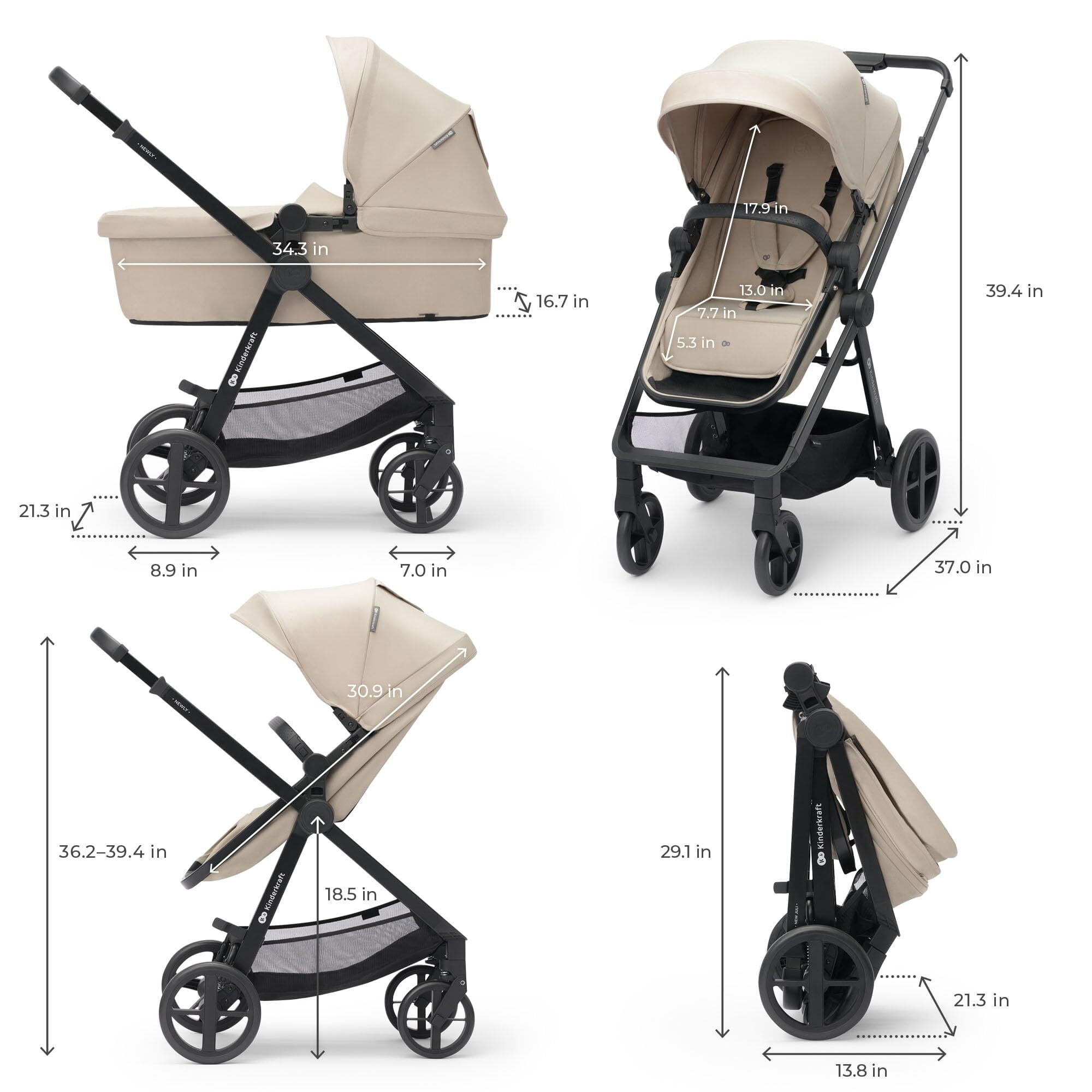 Kinderkraft NEWLY 2-in-1 Convertible Baby Stroller, Reversible Bassinet Pramette for Infant to Toddler, One-Hand Fold, Up to 48 lbs. - Image 3