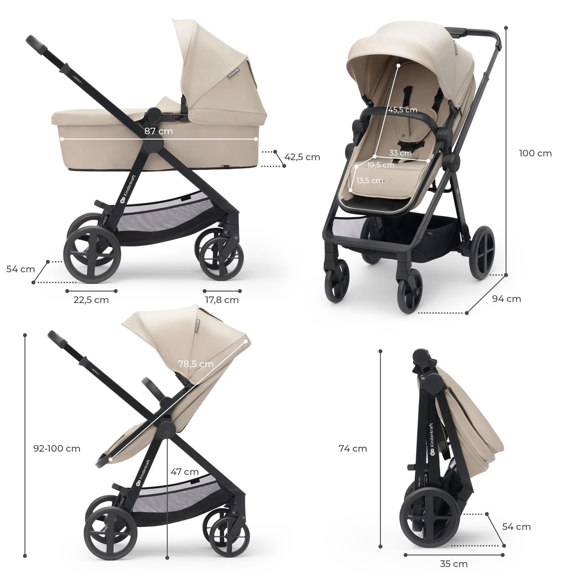 Kinderkraft NEWLY 2-in-1 Convertible Baby Stroller, Reversible Bassinet Pramette for Infant to Toddler, One-Hand Fold, Up to 48 lbs. - Image 4