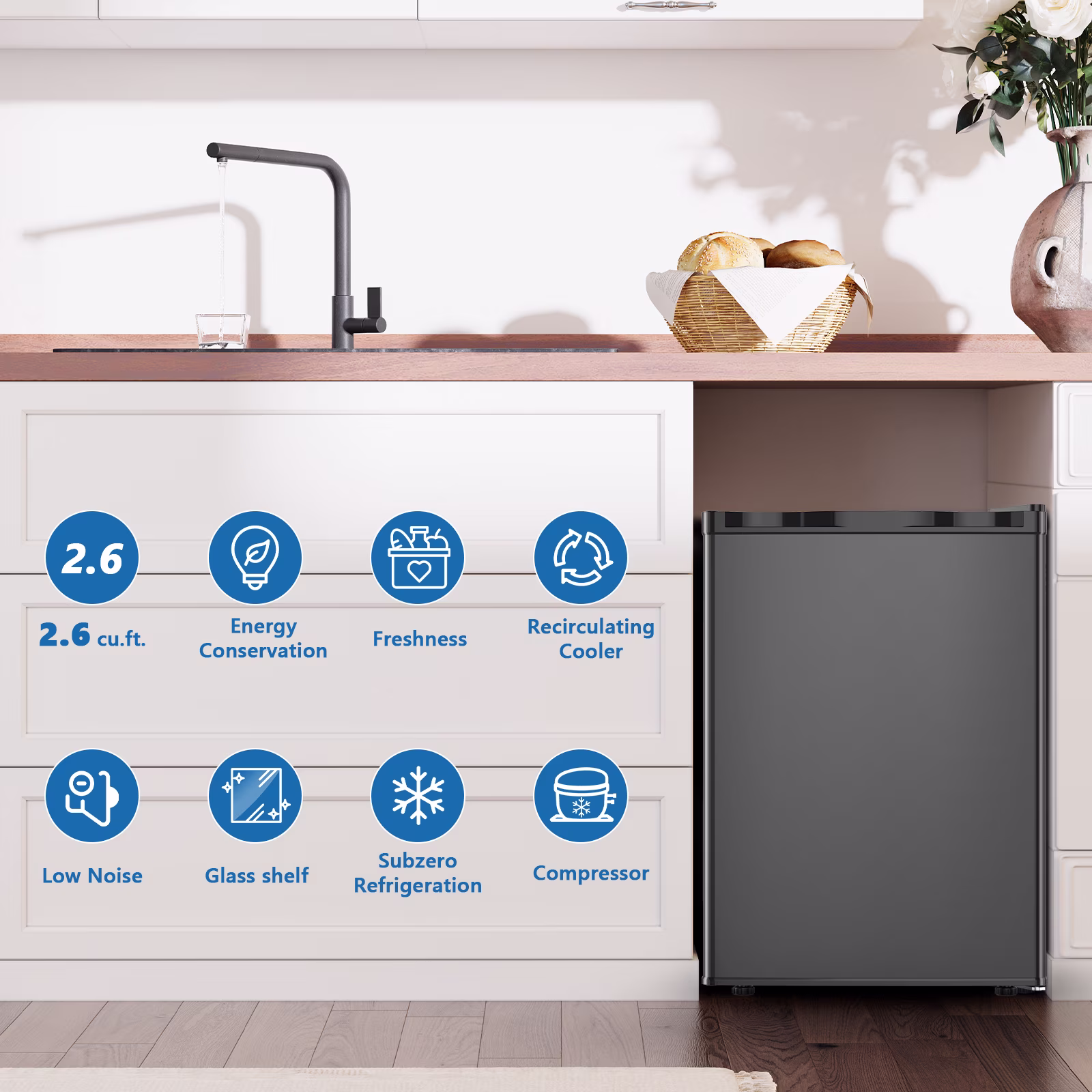 KNDKO 2.6 Cu.ft Mini Fridge with Freezer, Energy Efficient Compact Refrigerator with Reversible Single Door, Removable Glass Shelves for Office, Dorm, Bedroom, Apartment, Black - Image 4