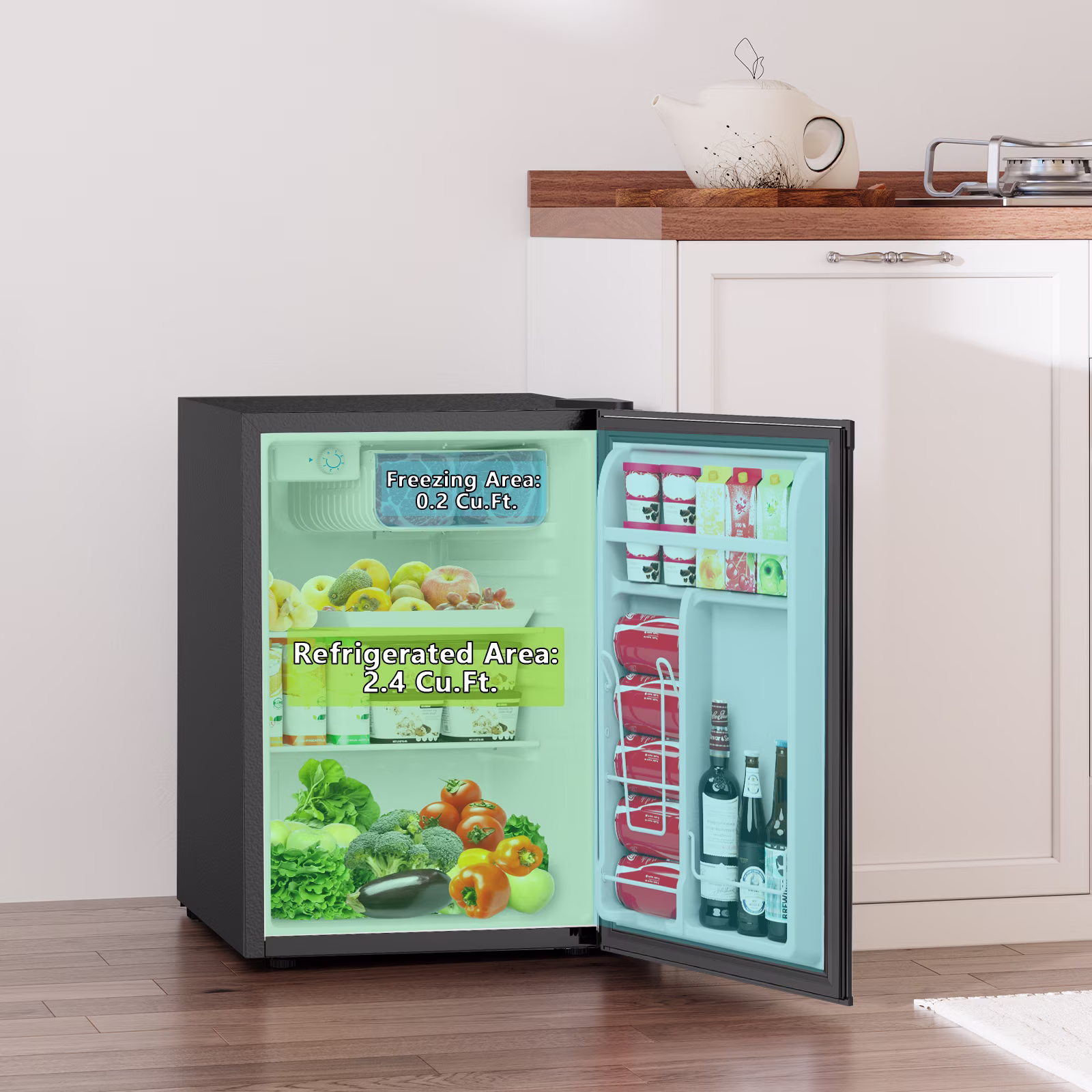 KNDKO 2.6 Cu.ft Mini Fridge with Freezer, Energy Efficient Compact Refrigerator with Reversible Single Door, Removable Glass Shelves for Office, Dorm, Bedroom, Apartment, Black - Image 2