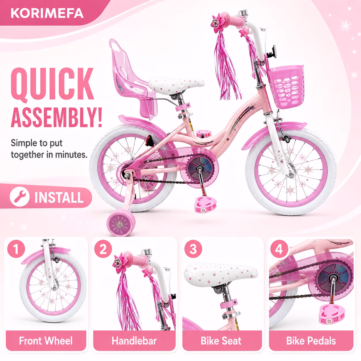Korimefa 12 inch Girls Kids Bike Ages 3-6 Years Old Children, Toddler Bike with Training Wheels, Perfect for Beginner Riders Learning to Ride, Easy to Assemble, Pink - Image 2